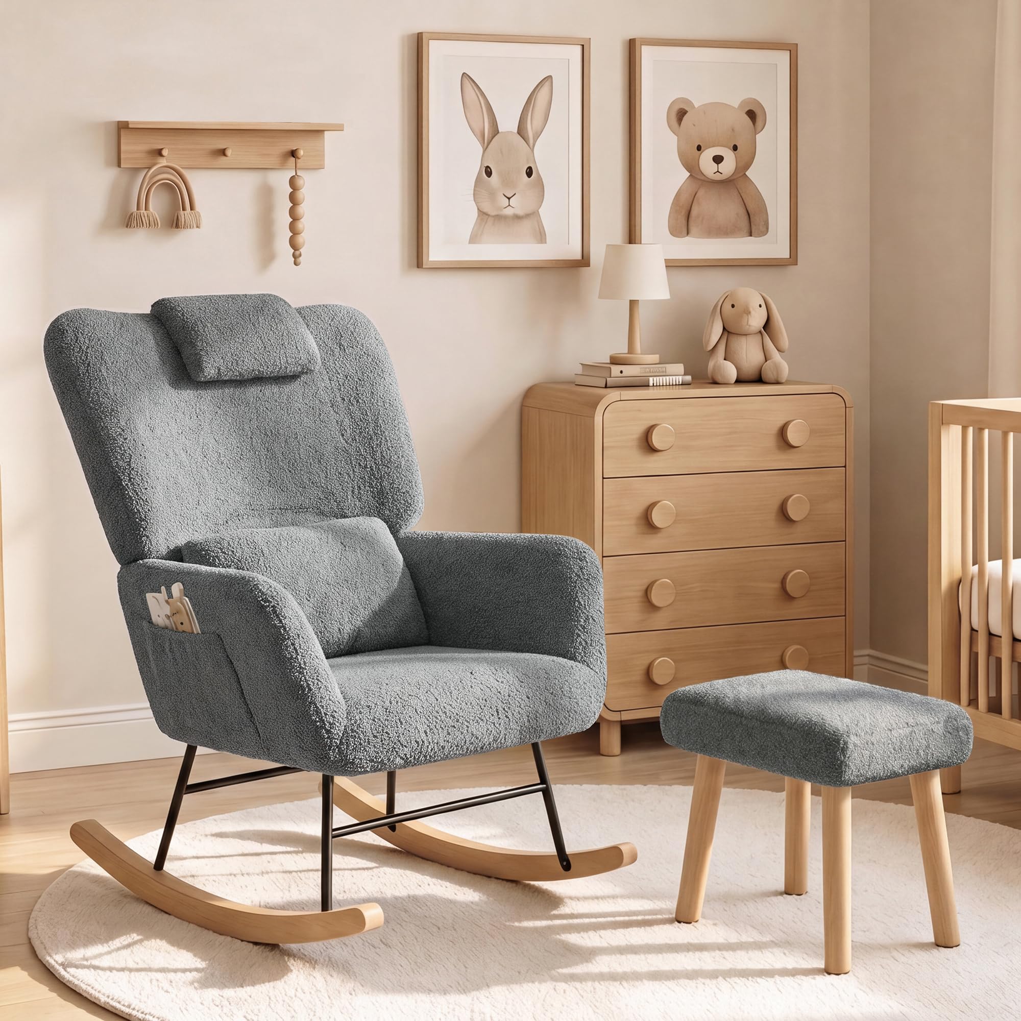 PerGar Sedia a dondolo con sgabello, in peluche, colore grigio, 150 kg