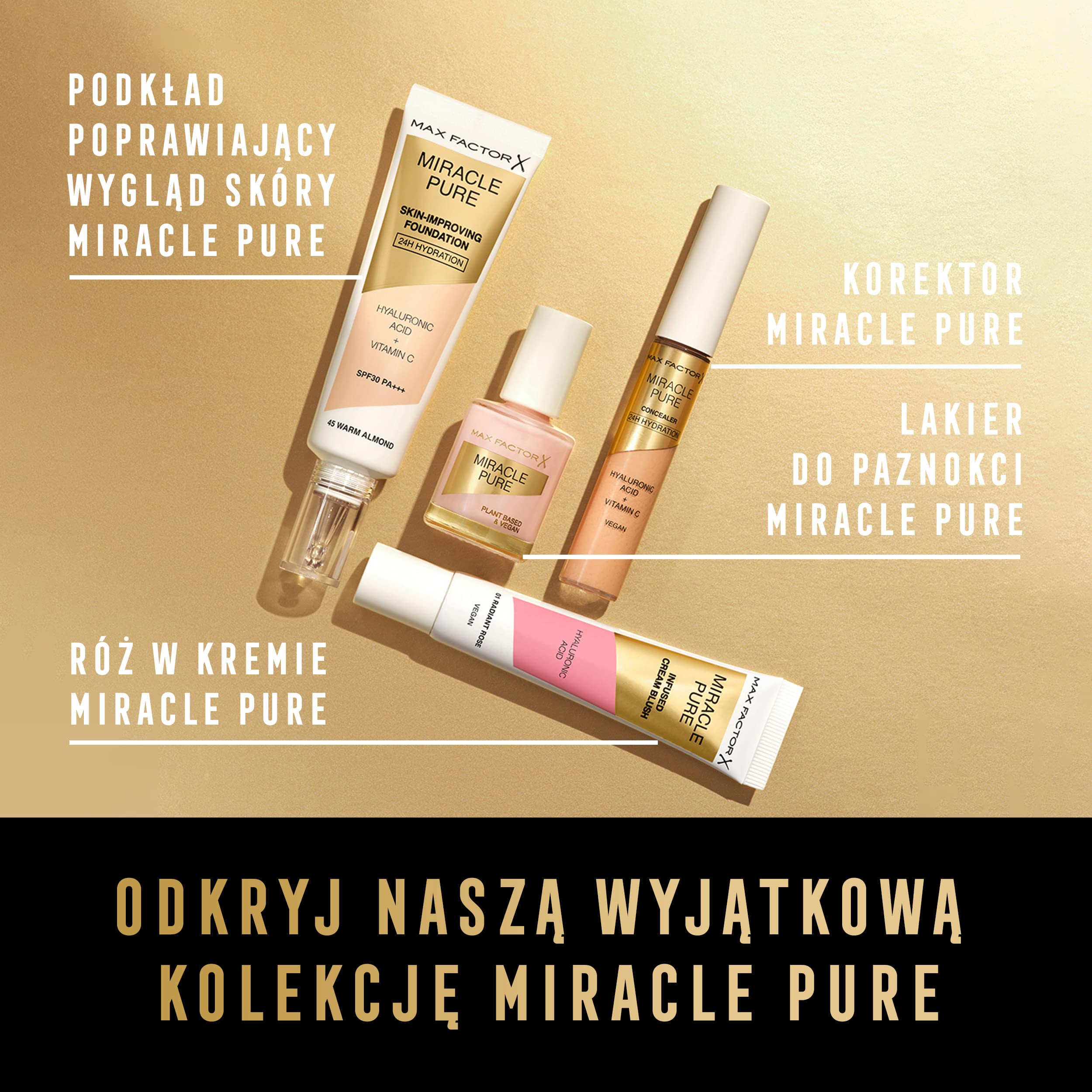 Max Factor Miracle Pure rozświetlający podkład odżywczy do twarzy z witaminą C i kwasem hialuronowym, fluid z filtrem SPF30PA+++ nr 75 Golden, 30 ml