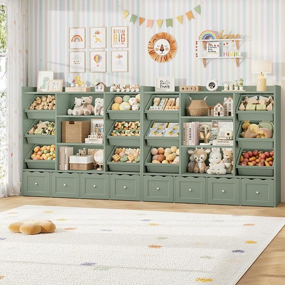 HITHOS 55 W Kids Toy Storage Organizer with 10 Toy Box & Book Shelf, Green