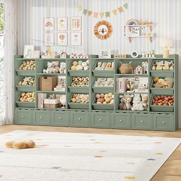 HITHOS 55 W Kids Toy Storage Organizer with 10 Toy Box & Book Shelf, Green