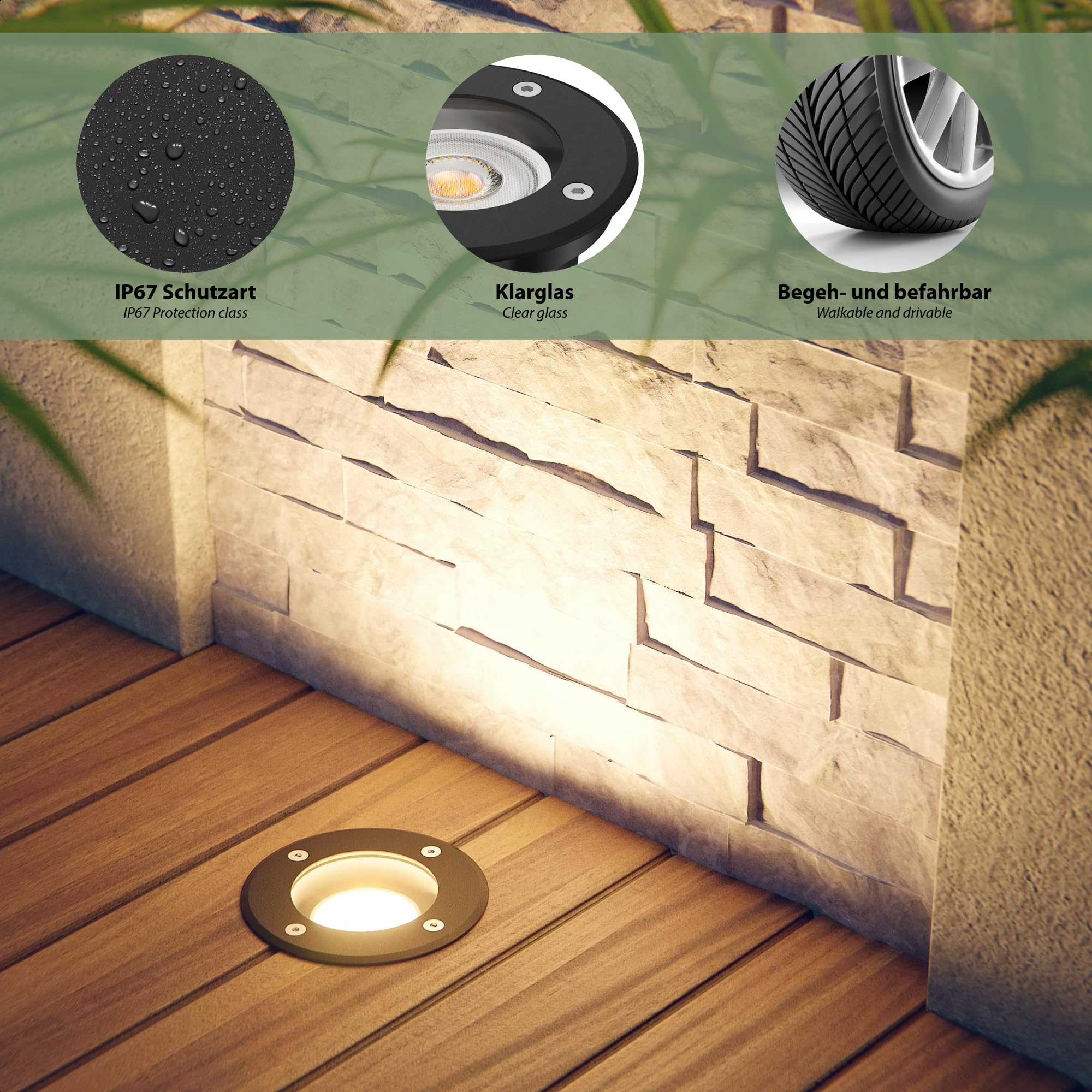 ledscom.de 2 faretti da incasso a pavimento BOLI per esterni, IP67, neri, Ø 108 mm, con lampadina LED da 7,6 W, 1103 lm, 33°, bianco caldo
