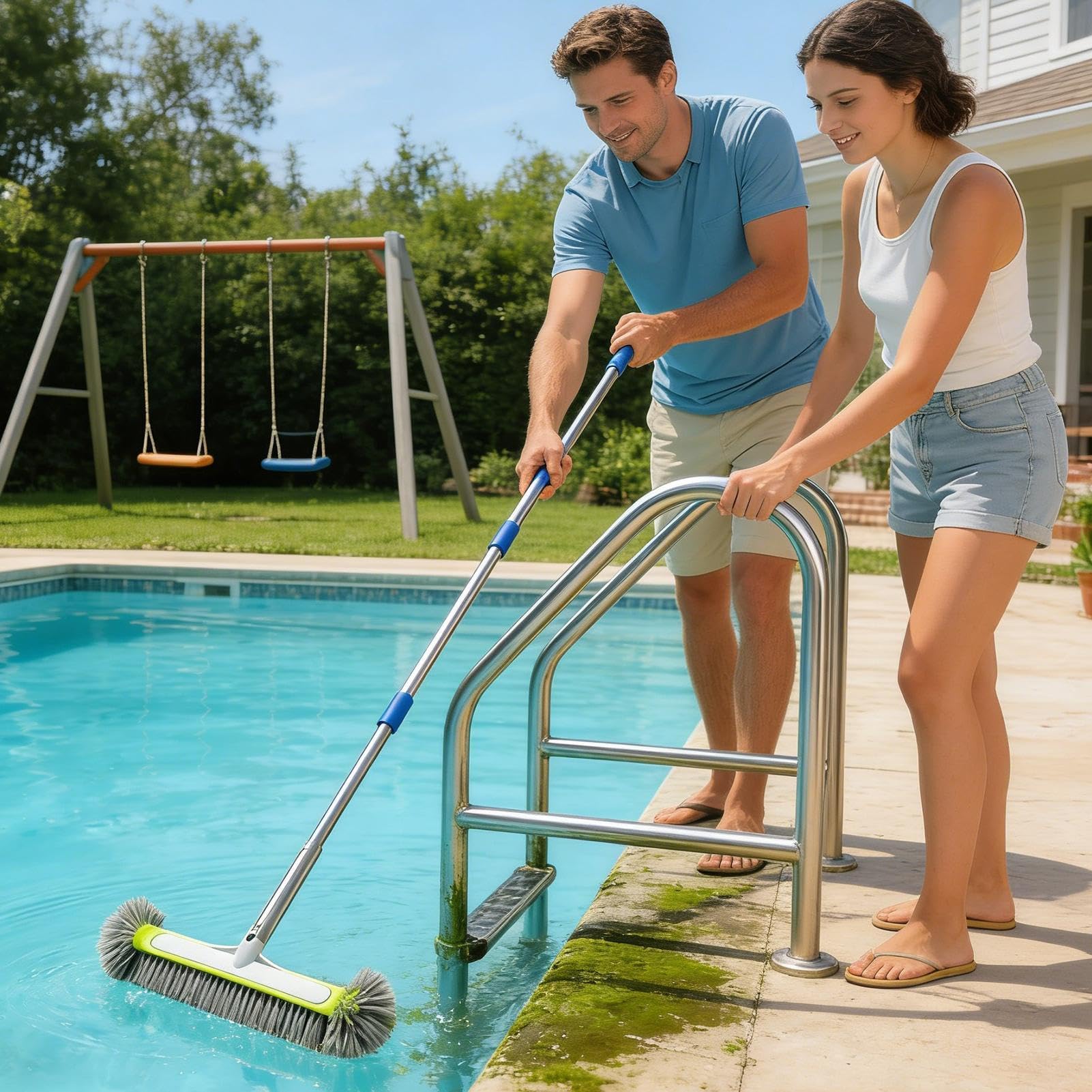 Spazzola pulisci piscina Pulitore con Spazzola Staccabile | Spazzola per piscine con manico rimovibile per Pareti, Piastrelle, Pavimento, Spa, Vasca Idromassaggio, Bagno, Cucina,