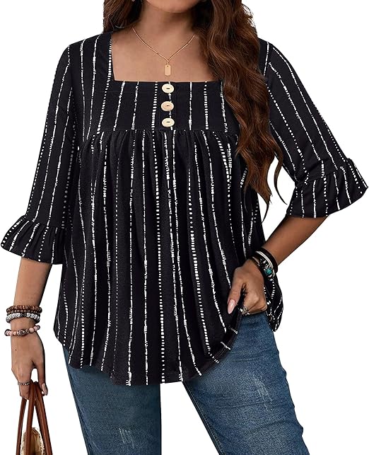 Plus Size Womens Blouses 3/4 Flutter Sleeve Square Neck Tunic Shirts Button Business Work Fall Tops 2025(XL-5XL)