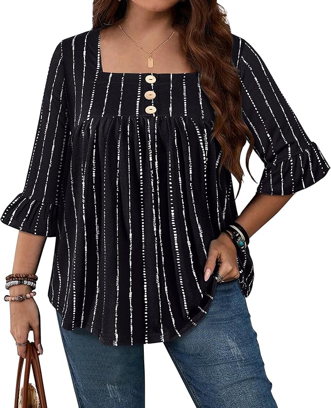 Plus Size Womens Blouses 3/4 Flutter Sleeve Square Neck Tunic Shirts Button Business Work Fall Tops 2025(XL-5XL)