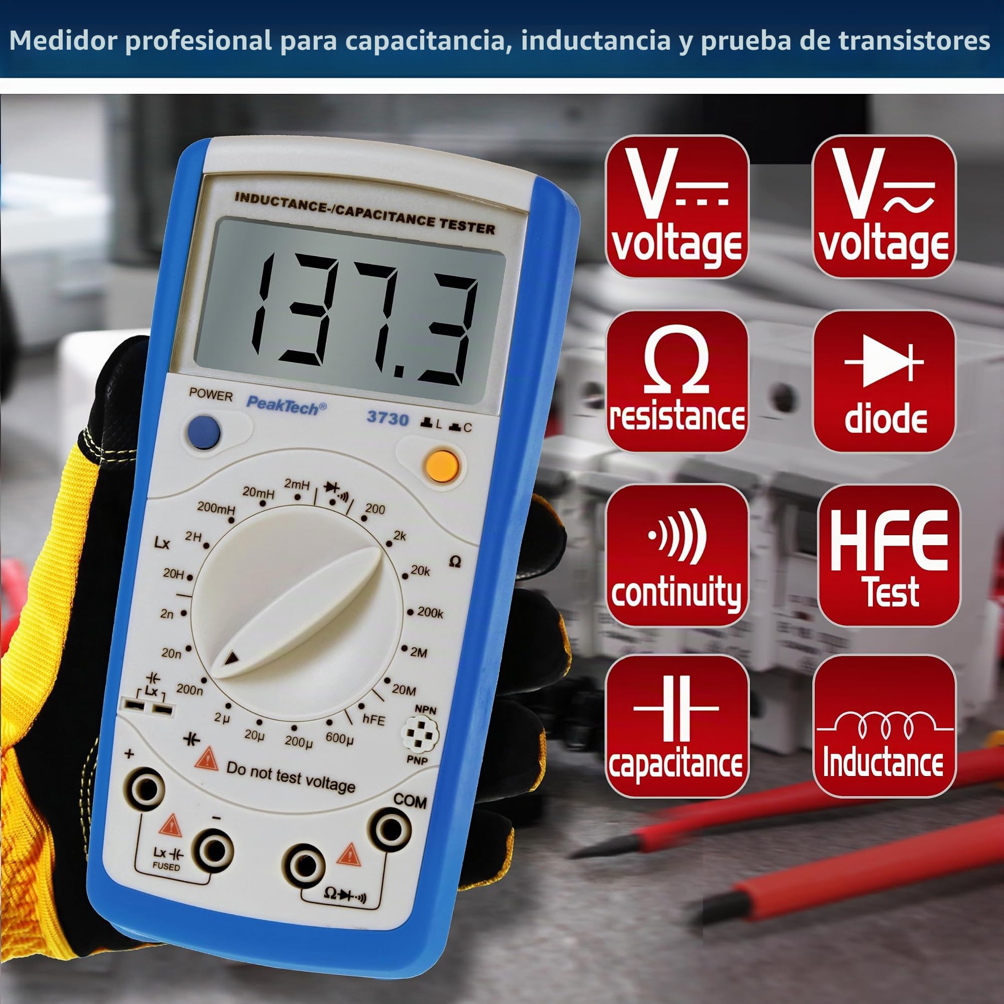 PeakTech, P3730, Multímetro digital LCR Meter, Multímetro digital hasta máx. 200 µF / 20 H / 20Mohm, Medidor de corriente para medición de inductancia, capacitancia y resistencia, CAT II