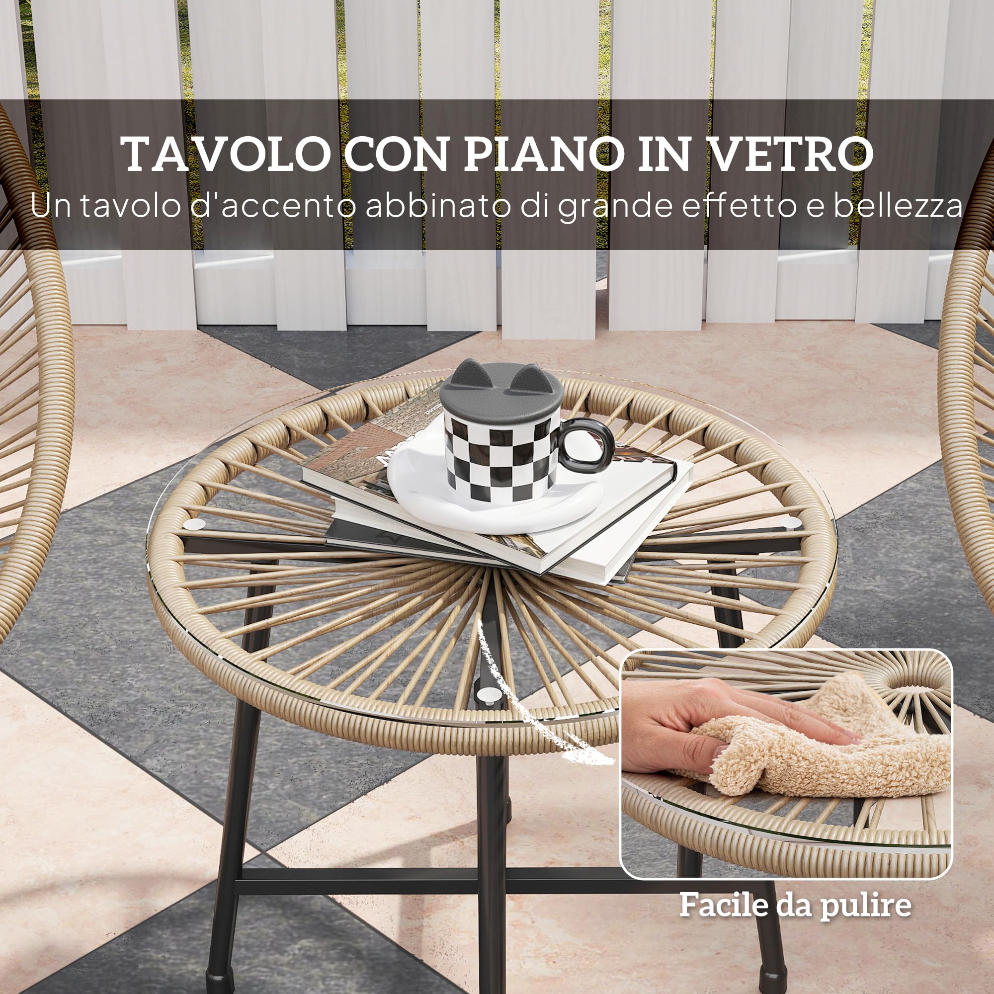 Outsunny Set da Giardino 3 Pezzi in Rattan PE e Acciaio, Tavolino da Caffè con Piano in Vetro