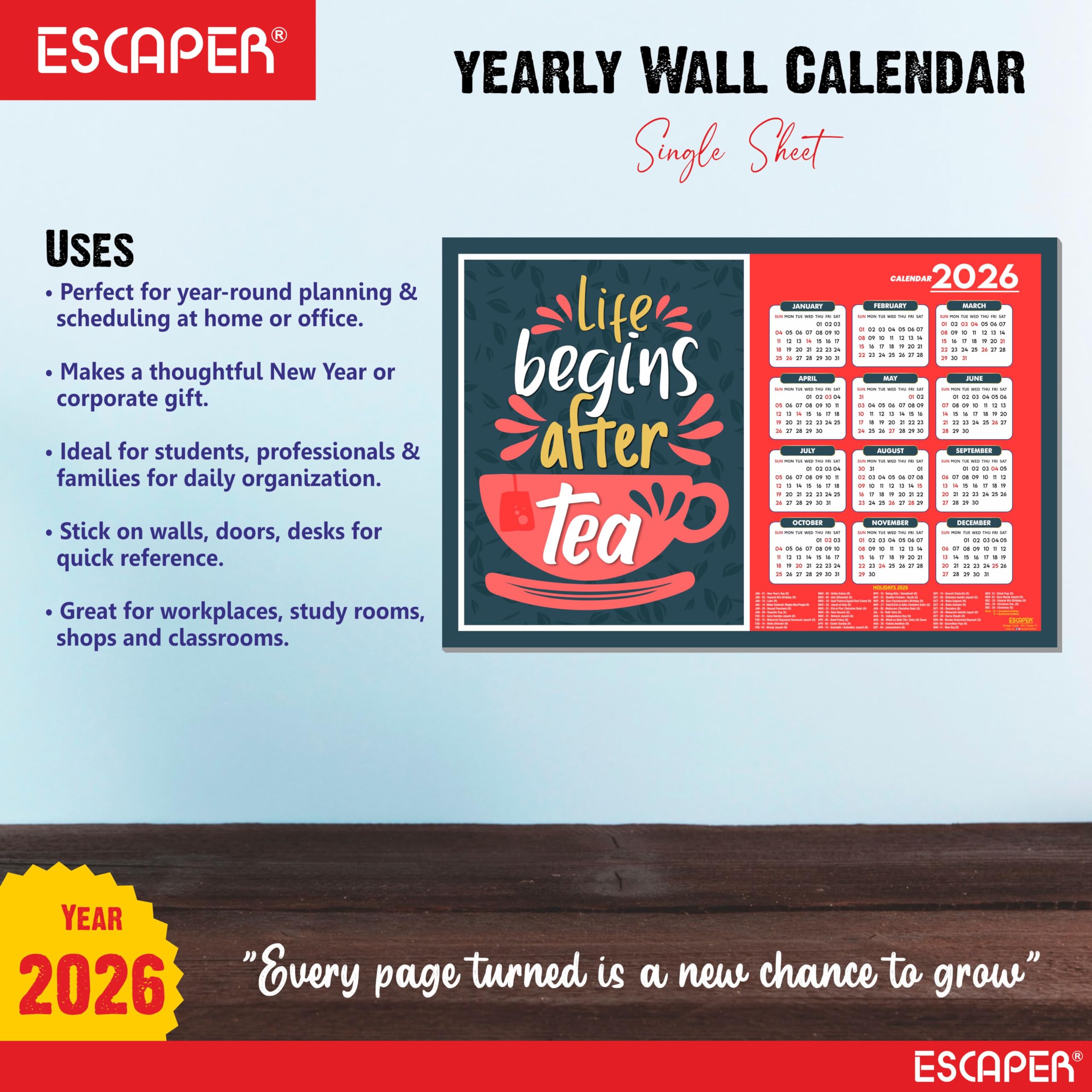 ESCAPER Tea Lovers Wandkalender 2026, 30,5 x 45,7 cm, 300 g/m², laminiertes Papier, selbstklebender einseitiger Kalender für Büro, Zuhause und Café, perfektes Teegeschenk & Wandkunst