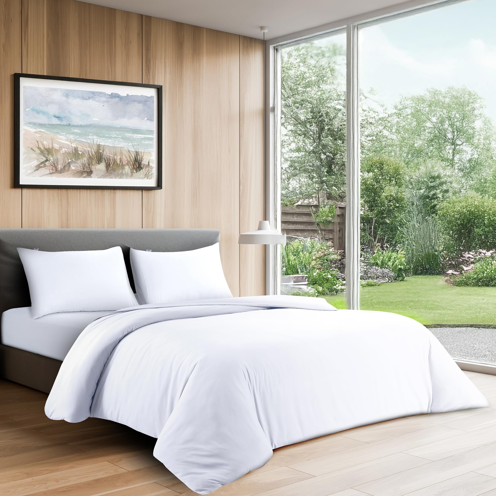 LYMA Complete Bedding Set King Plain Duvet Cover, Fitted Sheet & 2 Pillow Cases 50x75CM, OEKO-TEX Certified, Ultra Soft NanoPlush Double Brushed, Button Closure, Wrinkle Fade Resistant (White) — image 1