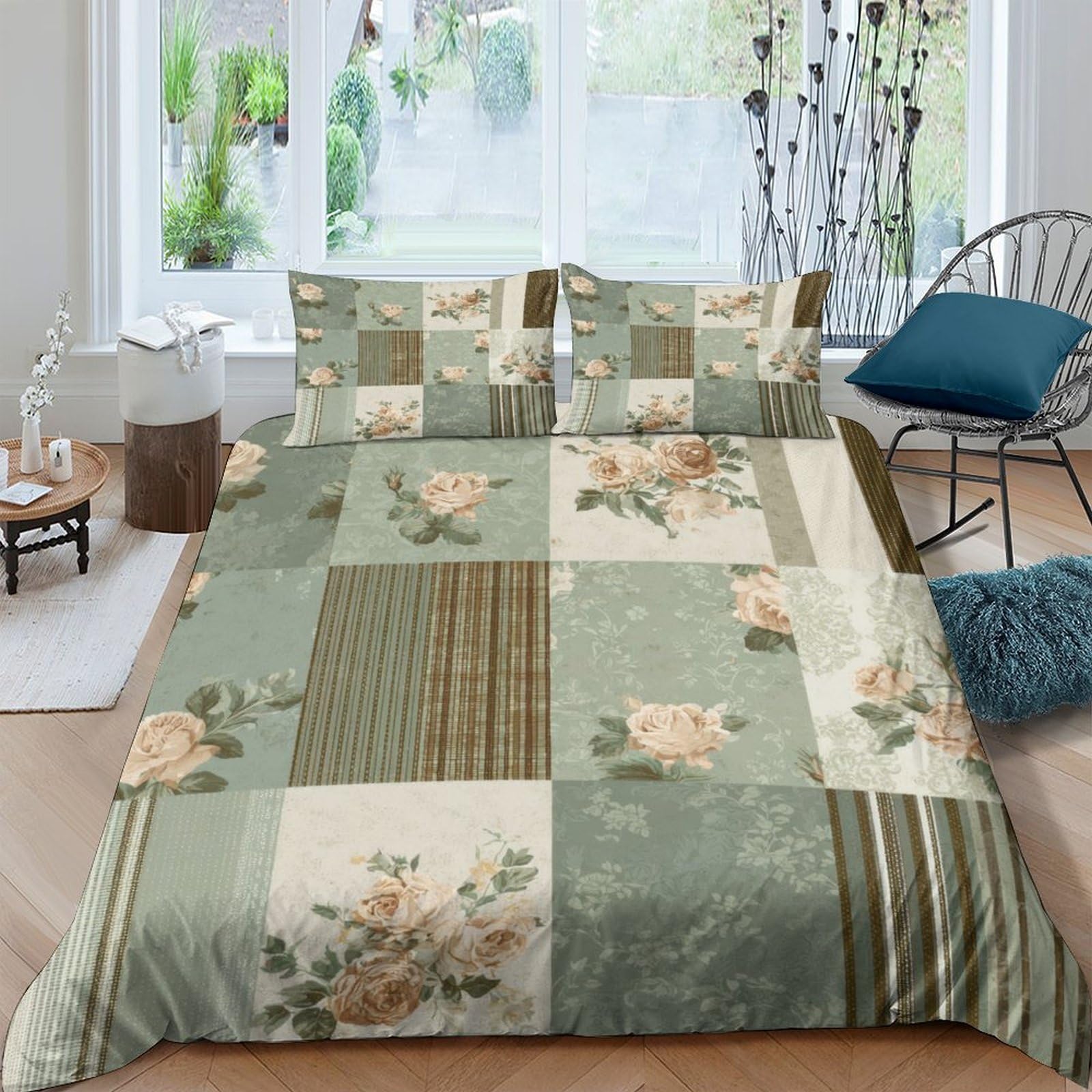 Unrxjzlvm Style-9 Green Floral Patchwork Microfiber Duvet Set Student Home