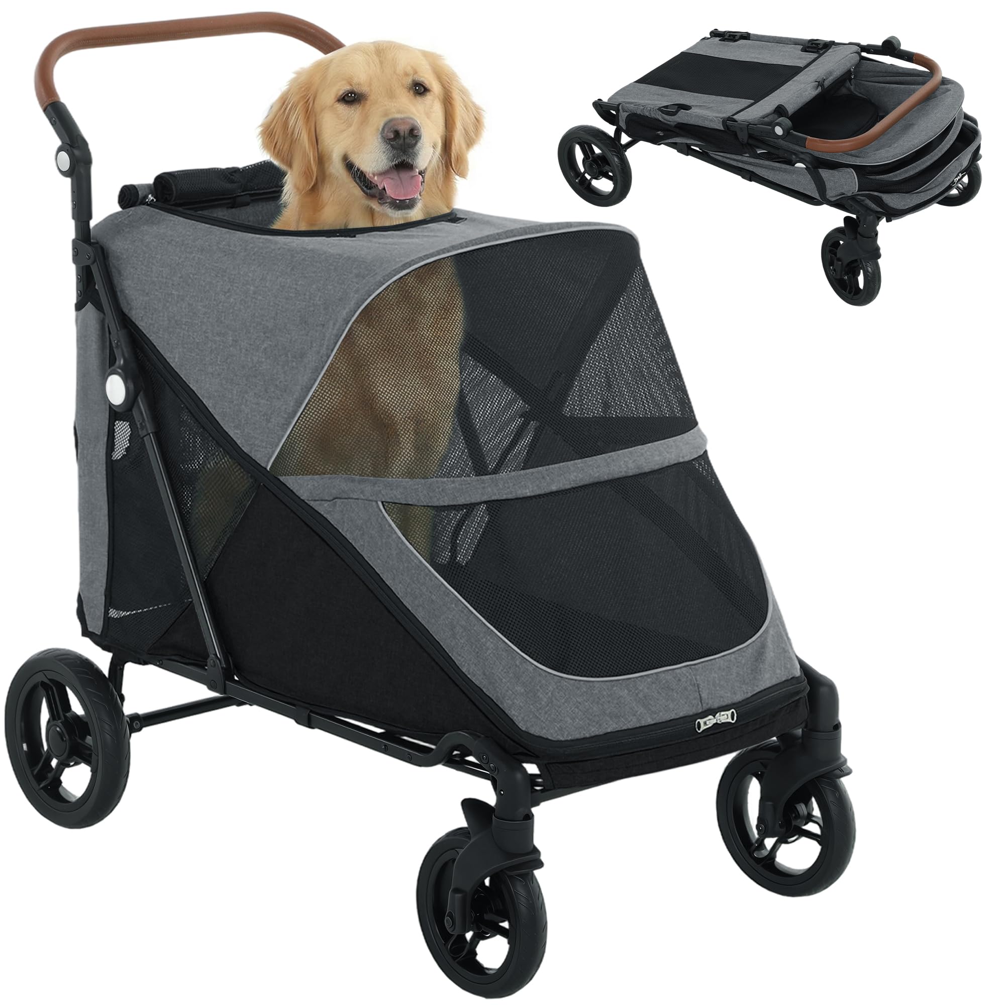 PawHut Dog Stroller for Large Dogs One-Click Folding 4-Wheel Wagon Gray