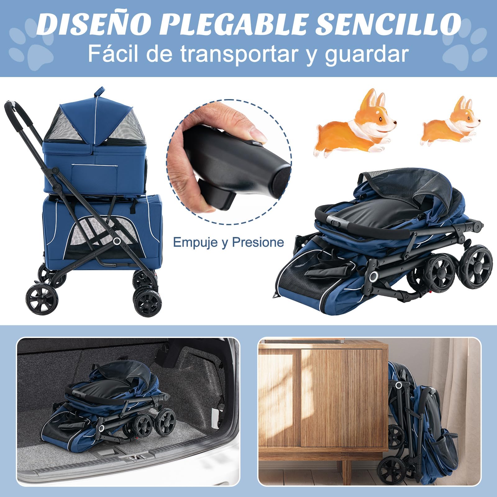 COSTWAY Cochecito para Perros Plegable, 3 en 1 Carrito para 2 Perros o Gatos, con 2 Transportines Desmontables, Cinturón de Seguridad, Cojines Desmontables, Carrito de Viaje para Mascotas (Azul)