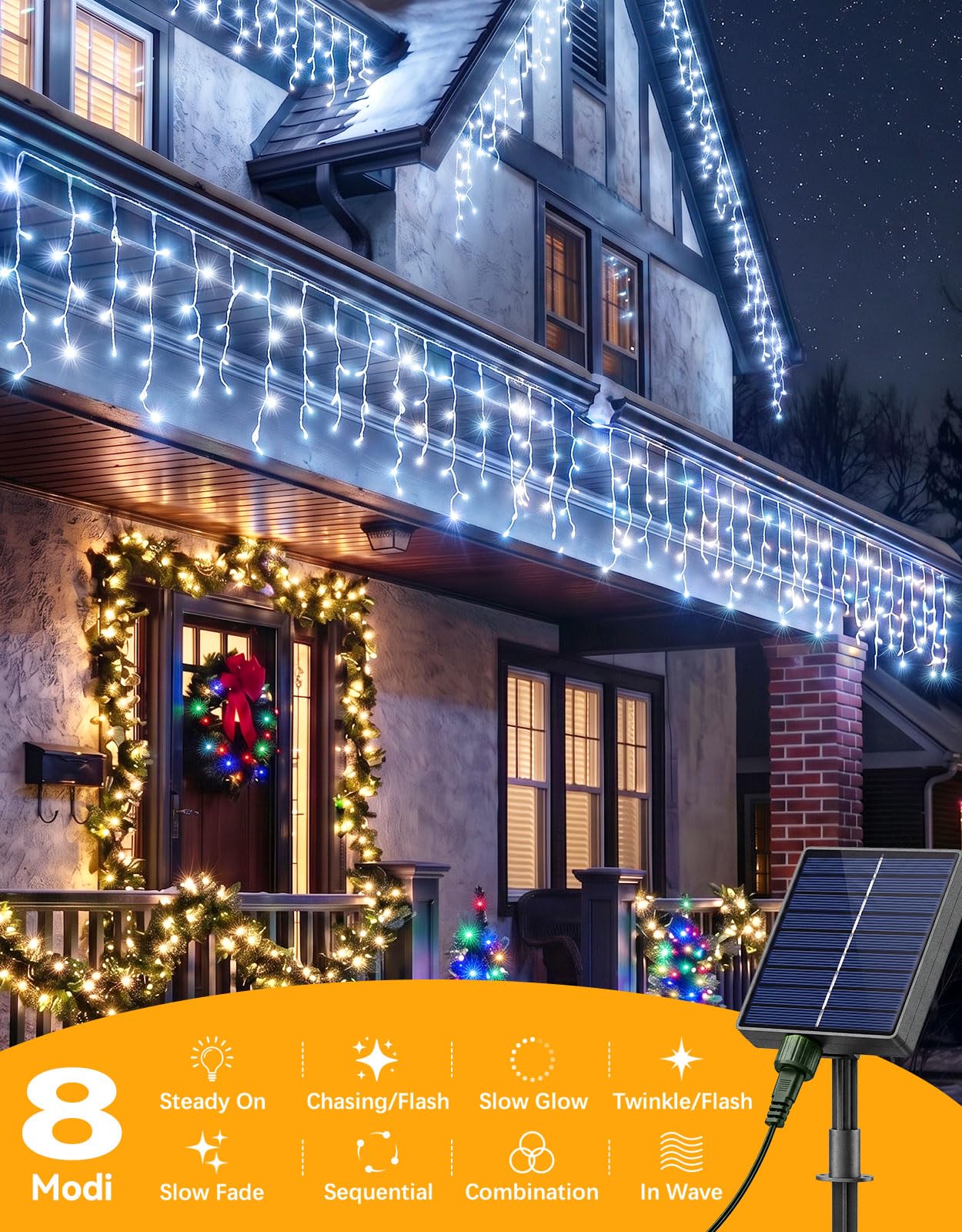 360 LED 18m Solar Eisregen Lichterkette Weiß mit USB | Weihnachten Solar Lichterkette Outdoor 8 Modi Timer，Wetterfest Lichtervorhang mit Fernbedienung für Party Balkon Vorbau