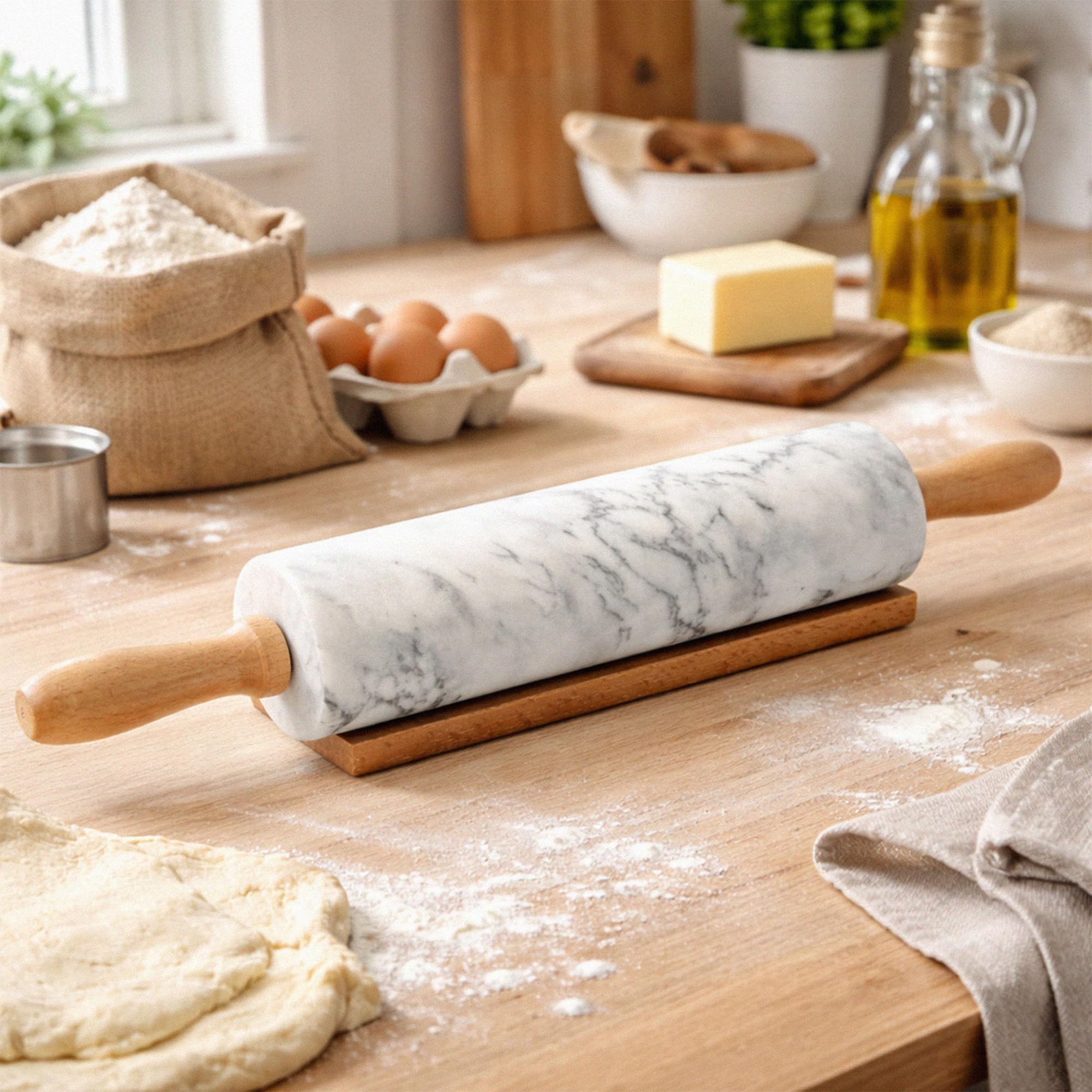 Silk Route Home - Mattarello in marmo bianco con base in legno di faggio