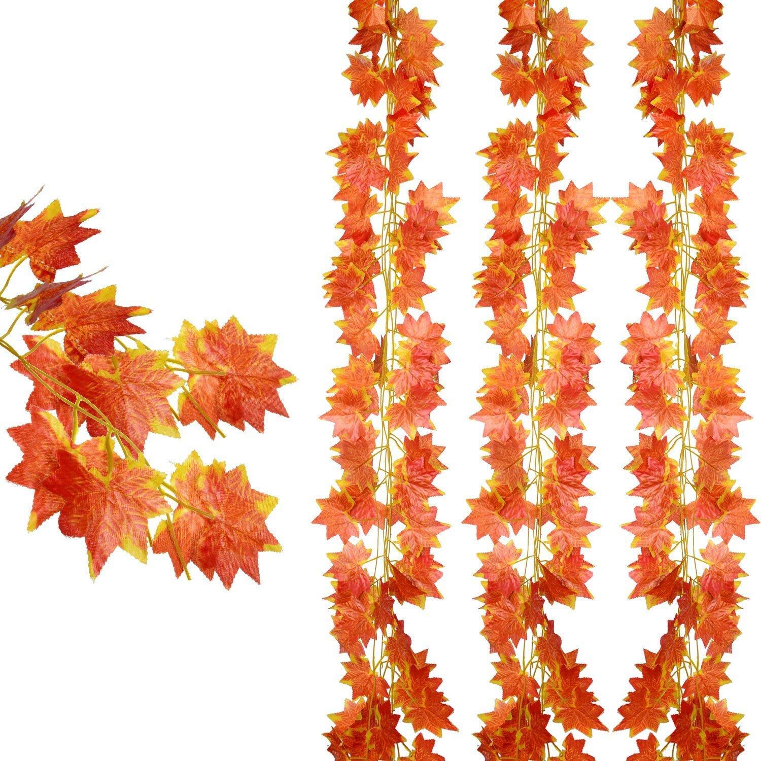 DearHouse 12 Pack Autumn Artificial Maple Leaf Garland - Red Silk & Plastic Leaves - Straight Shape - Perfect for Home, Wedding, Party Decor