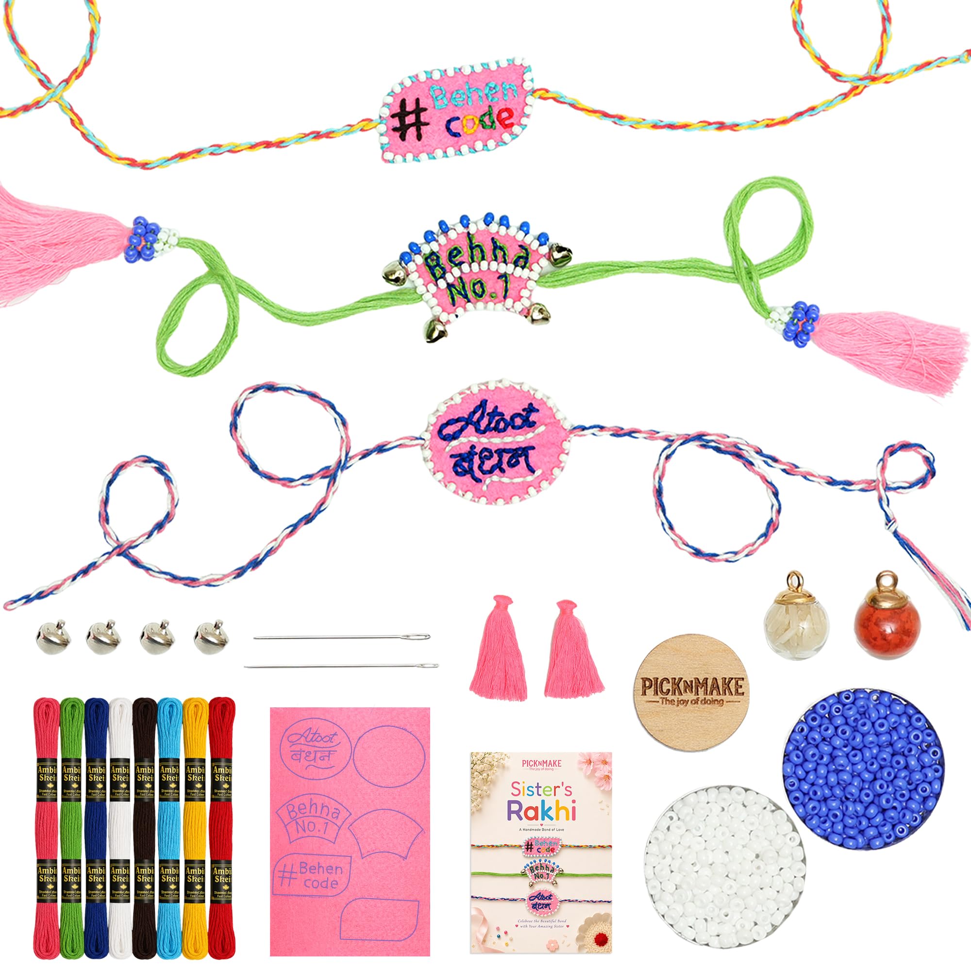 picknMAKE Embroidery Kit for Rakhi Making with Bead, Thread & Roli Chawal | Craft Type: Bead Embroidery | Makes: 3 Rakhis | Includes: Roli, Chawal, Ghungroo, Tassels | For: Raksha Bandhan-image-19