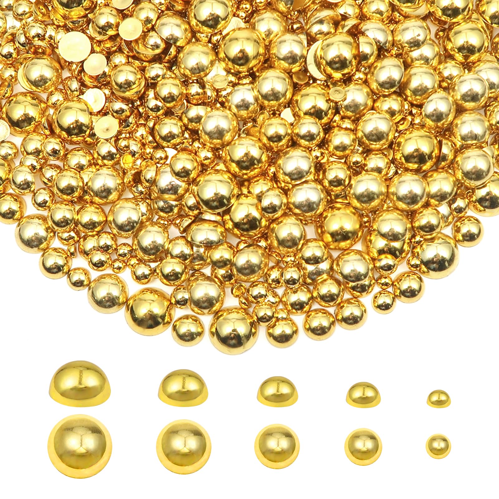 TOAOB 1000pcs Gold Flat Back Pearls 4mm to 12mm Round Half Flat Beads