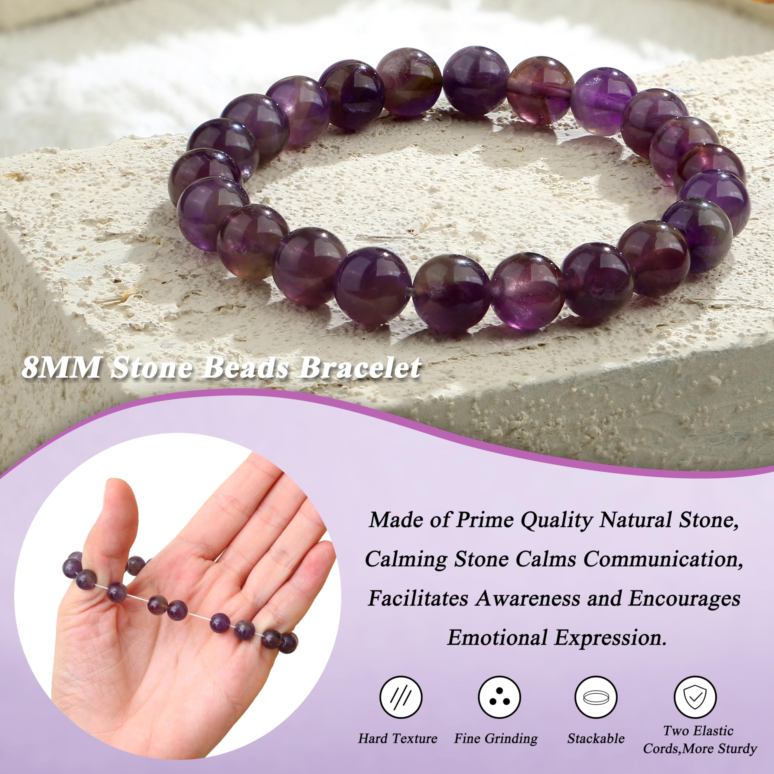 Adramata 3Pcs Bracelet Pierre Naturelle Femme en Pierre Naturelle de 8MM Perle Bracelet Anti Stress Élastique Empilable Pour Femmes Et Hommes Cristal Bracelets pour Femme Cadeau