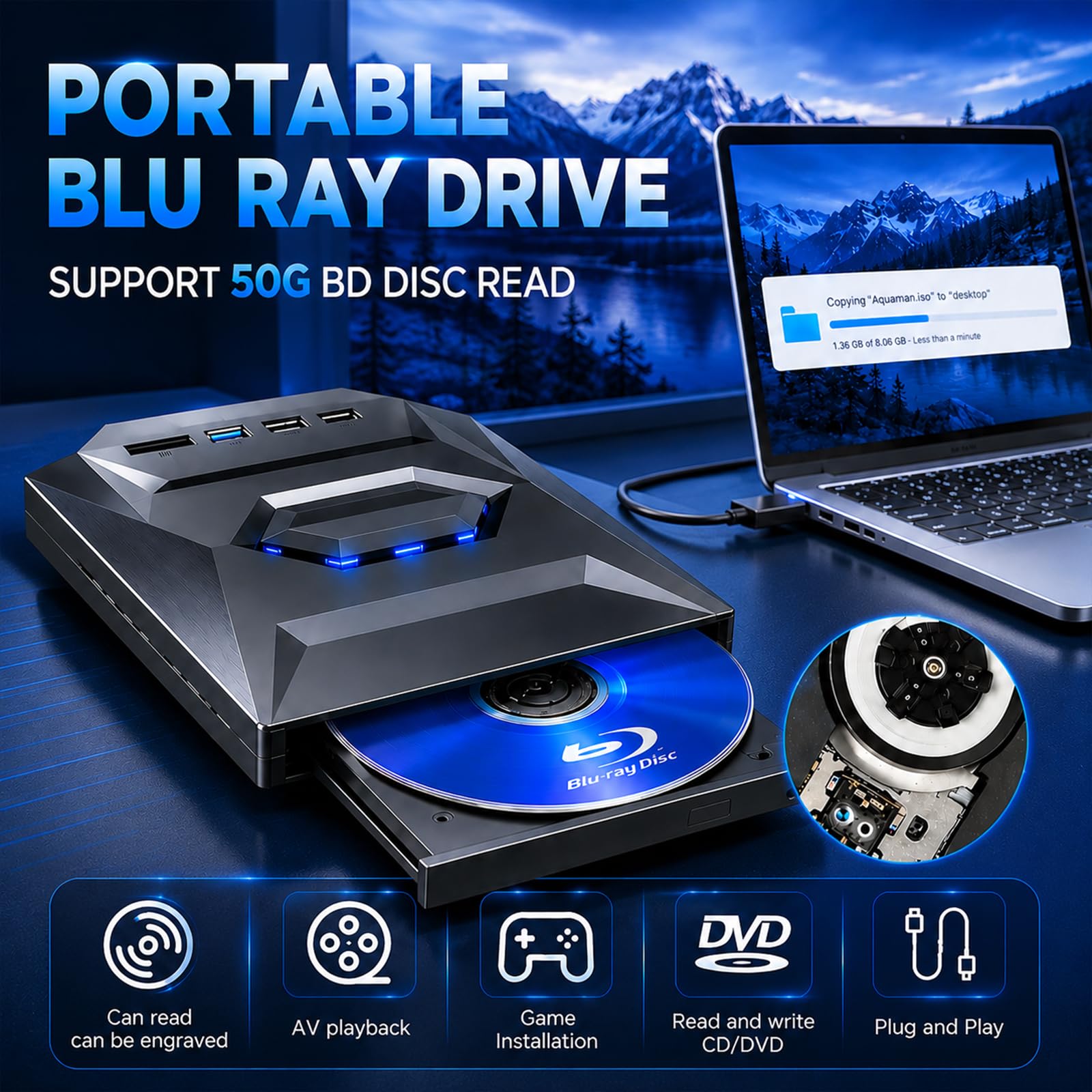 Lecteur Blu-ray externe 7 en 1 USB 3.0 Type-C, prend en charge 100 G BD DVD CD lecteur Blu-ray externe, lecteur Blu-ray portable ultra fin avec port TF/SD