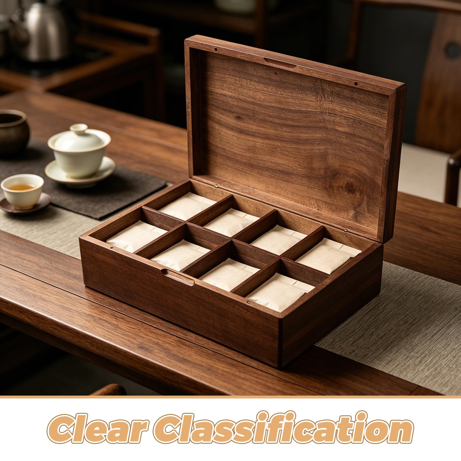 HOMSFOU Holz Teebeutel Aufbewahrungsbox mit 8 Fächern Rechteckiges Design Platzsparend und Schnell Zugänglich für Zuhause und Kaffee Station im Vintage Stil Wiederverwendbar