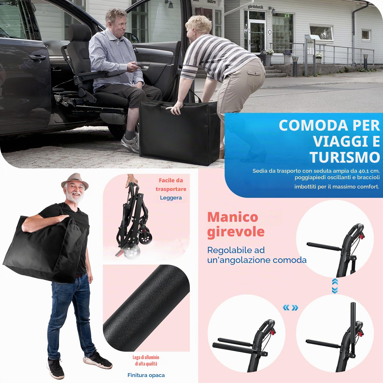 Sedia a rotelle pieghevole e leggera per adulti e anziani, telaio in lega di alluminio, capacità di carico 129,7 kg, cintura di sicurezza e freno a mano regolabili per un facile viaggio, include borsa