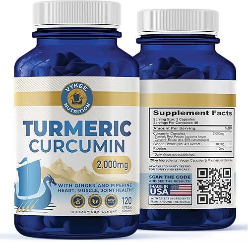 Vykee Nutrition Curcumina de cúrcuma de 2,000 mg con jengibre y piperina – Curcuminoides de alta potencia 95%, absorción mejorada y apoyo articular