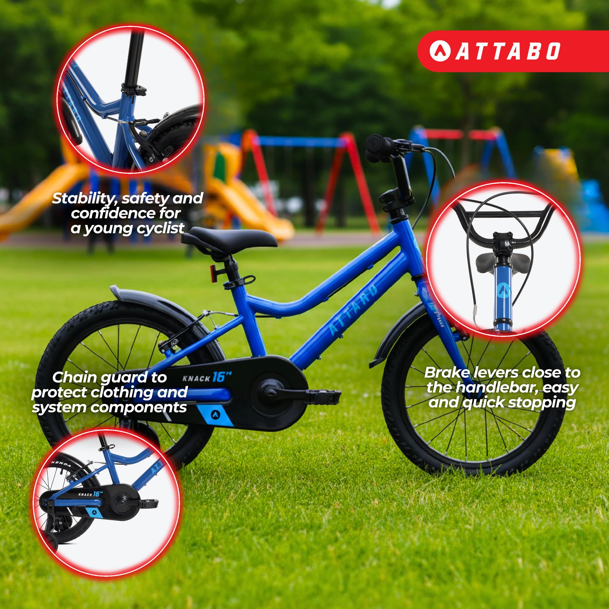 ATTABO Knack 16 - Bicicleta Infantil (5-7 años) con Cuadro de Aluminio Ligero (9 kg), Ruedas de 16 Pulgadas, para 110-120 cm, Manillar ergonómico, Estable y Ligero, Ideal para el Aprendizaje