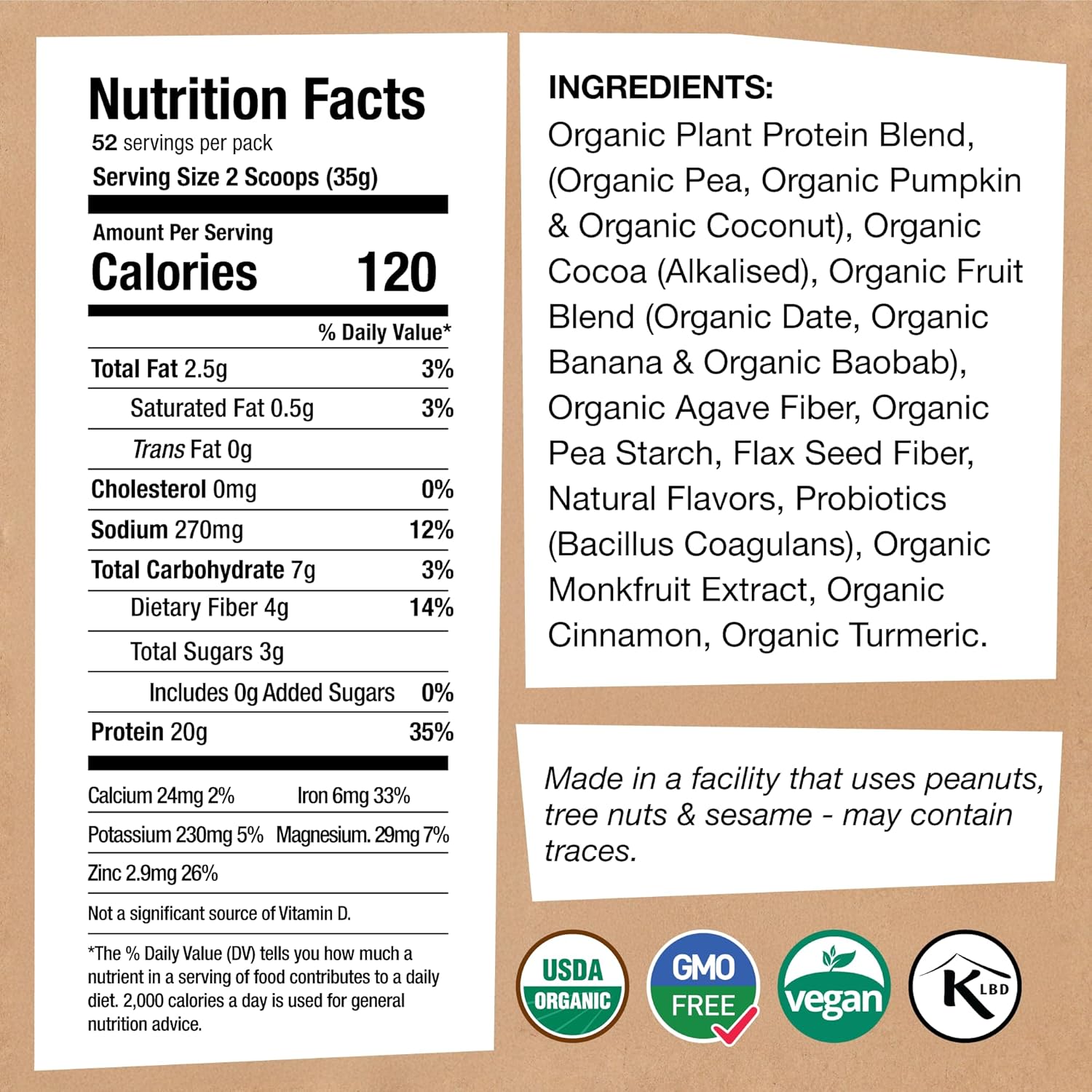 EarthChimp Organic Vegan Protein Powder - with Probiotics - Non GMO, Dairy Free, Non Whey, Plant Based Protein Powder for Women and Men, Gluten Free - 52 Servings 64 Oz (Chocolate) No Scoop