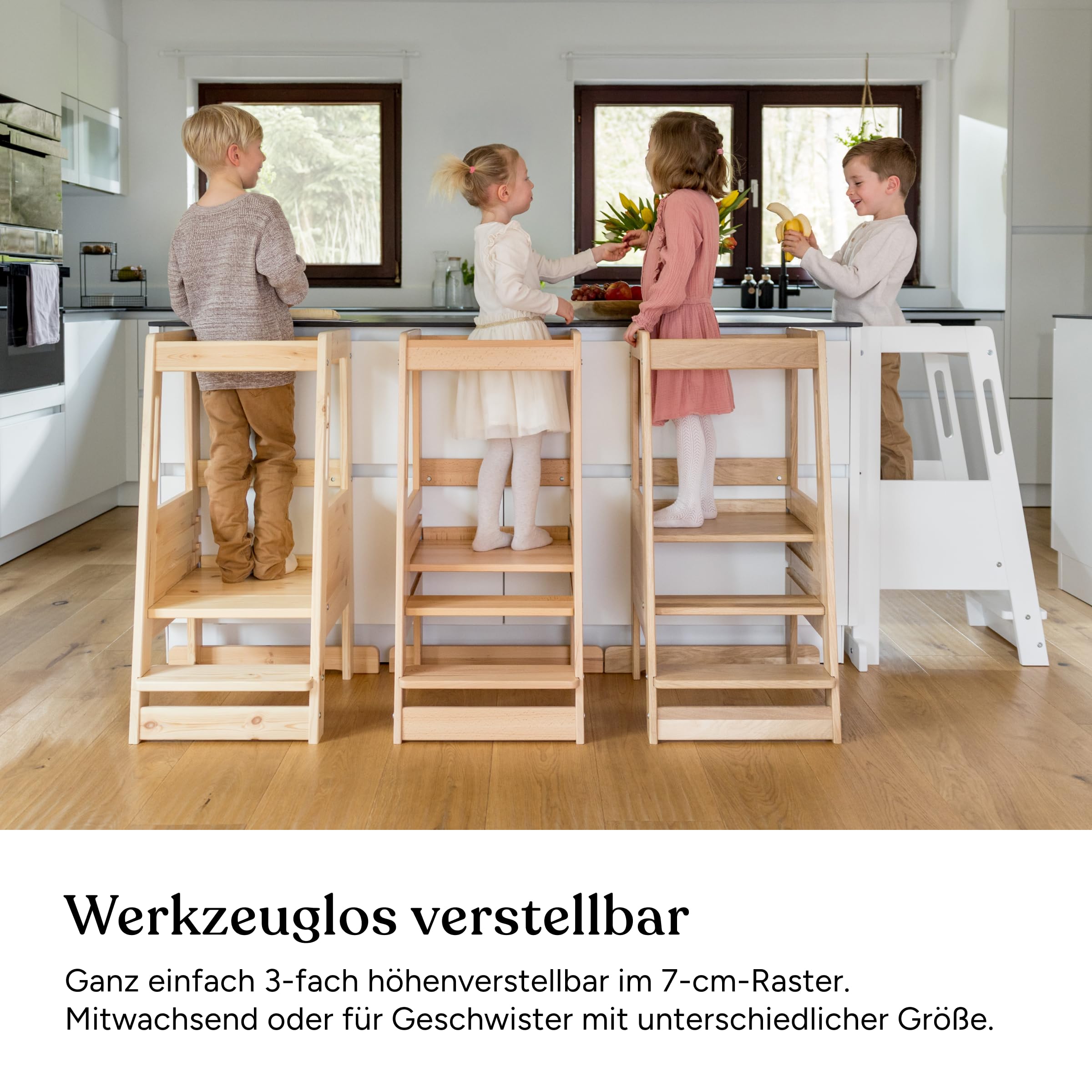 Ehrenkind® Lernturm mit Kleinkindstufe, höhenverstellbar 3-Fach, Montessori Küchenturm für Kinder ab ca. 1 Jahr, FSC®-zertifiziertes Buchenholz, Kitchen Helper, belastbar bis 40 kg, Klarlack