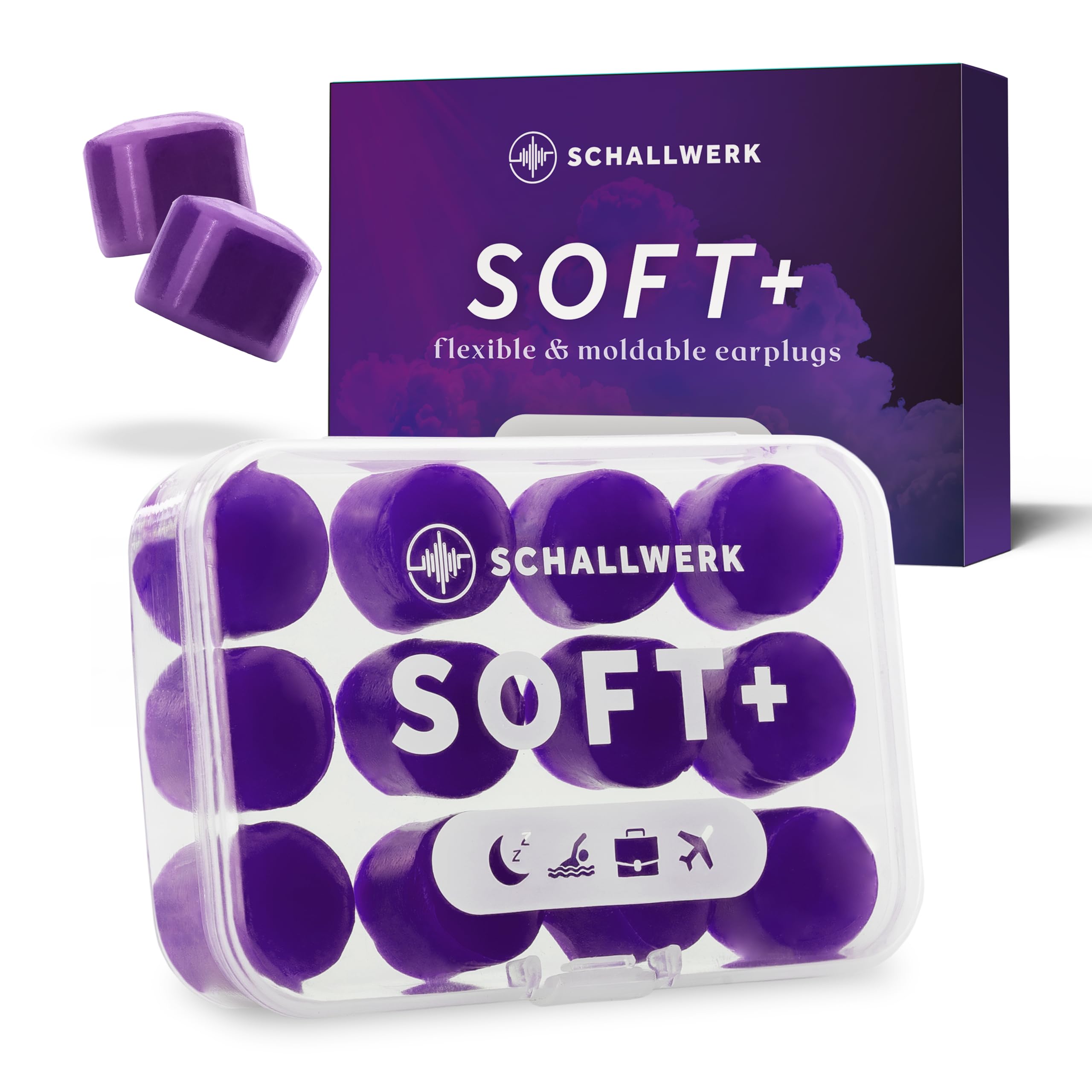 Schallwerk ® Soft+ | 12 silikonowych zatyczek do uszu – optymalne wsparcie jako ochrona słuchu podczas snu, miękkie silikonowe zatyczki do uszu do spania