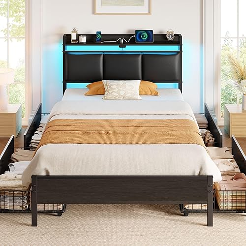 Miniatura 11 de Rolanstar Base de cama tamaño Queen con estación de carga y luces LED, cabecera de almacenamiento tapizada con cajones, listones de metal Gris