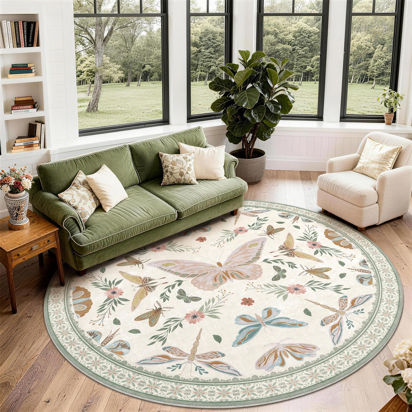 SOANNY Round Living Room Rug 160 cm, Butterfly Circle Area Carpet, Soft Low Pile Washable Non Slip Stain Resistant Modern Floor Mat for Bedroom Kitchen Entryway Dorm Beside Sofa Office, Ivory Sage