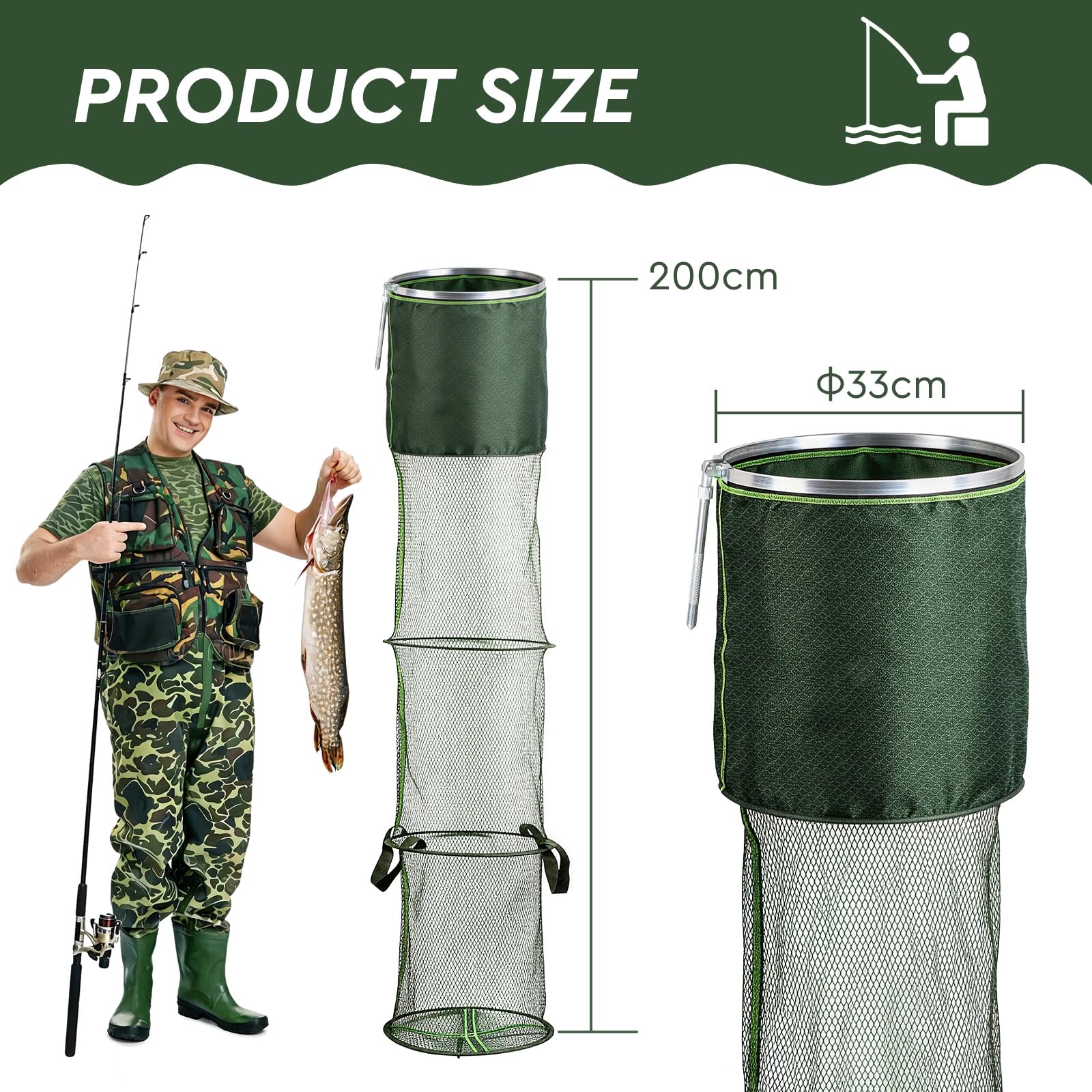 SWAWIS Filet de Maille des Poissons Pliable 170x33x33cm/200x33x33cm, Nylon et Alliages d'Aluminium, Panier à Poissons pour Conservation Temporaire du Poisson Crevettes Crabes Pendant la Pêche