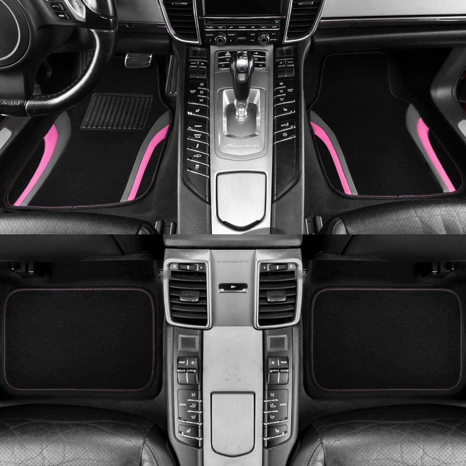 CAR PASS Leather Sporty Car Floor Mats Carpet, Universal Waterproof Automotive Floor Mat Fit for Sedans, Cars, Mid Trucks, Vans, SUV, Set of 4 (Black and Pink) - Image 2