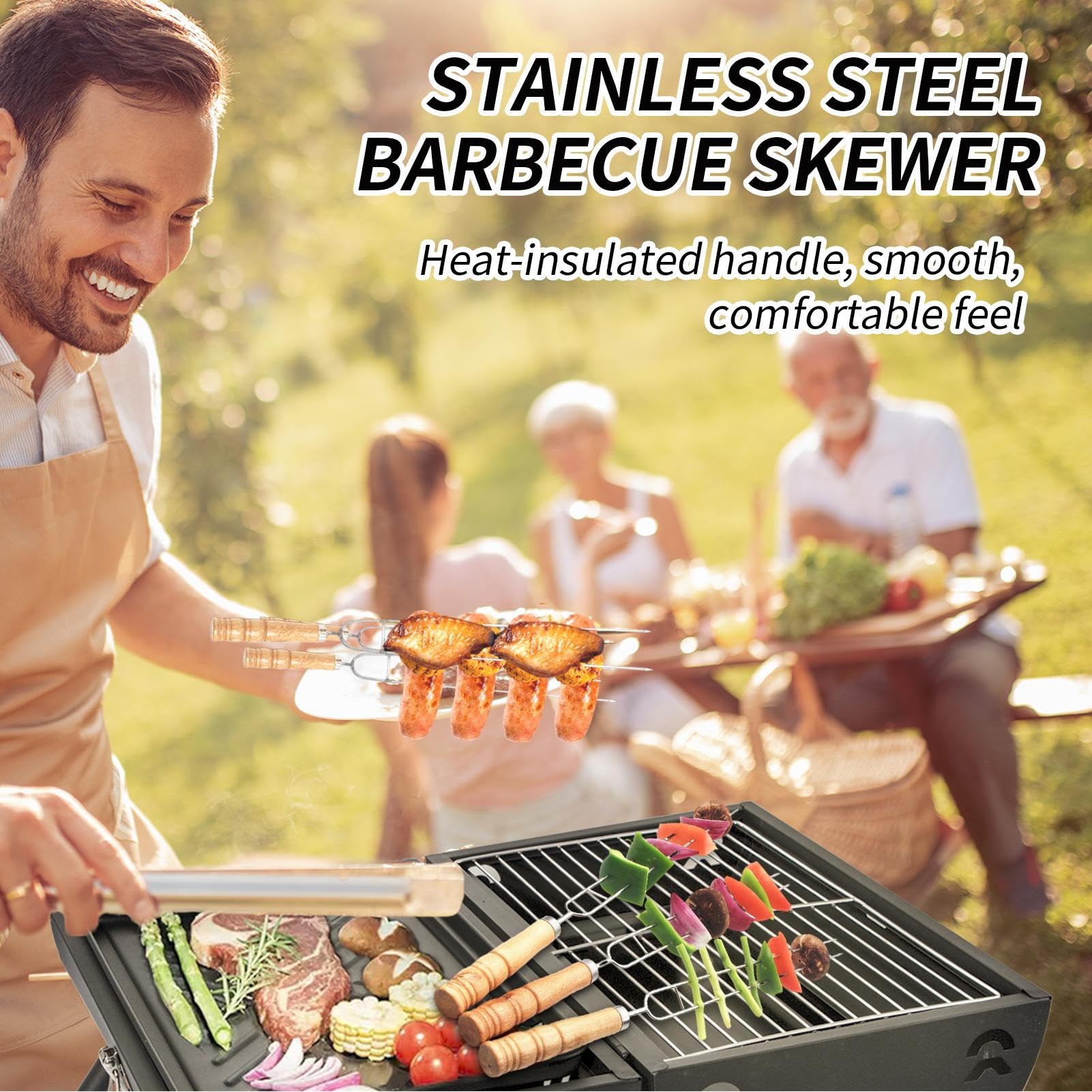 Brochetas Metálicas para Acero Inoxidable Plano Reutilizable Mangos Madera | 10 Piezas Palitos Metálicos de Barbacoa, Brochetas para pollo, carne, gambas, filetes, salchichas, exterior y picnic fa