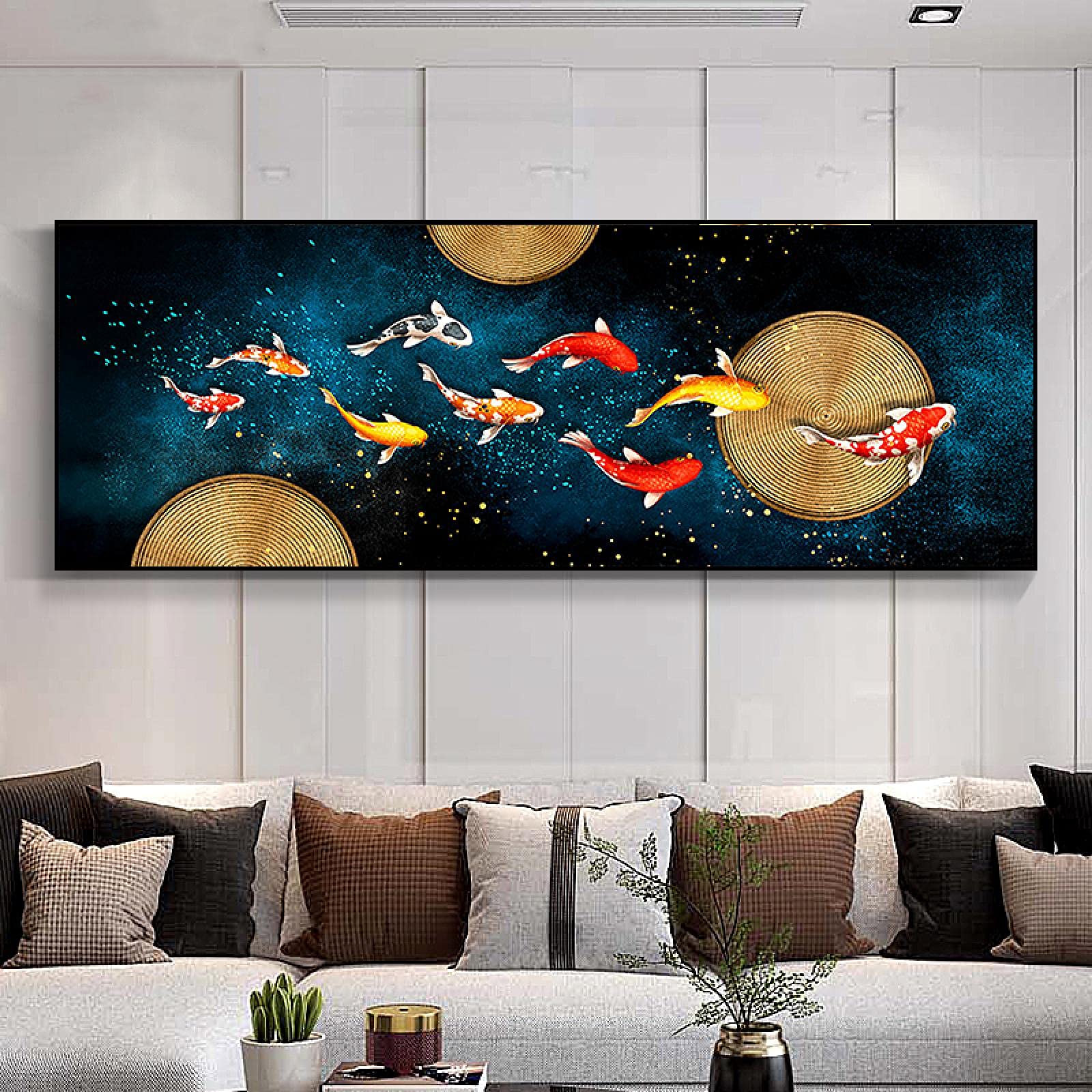 Art Print on Canvas Chinese Style Koi Nine Fish Feng Shui Carp Paintings Goldfish Lotus Pond Poster for Farmhouse Decor 40x120cm frameless
