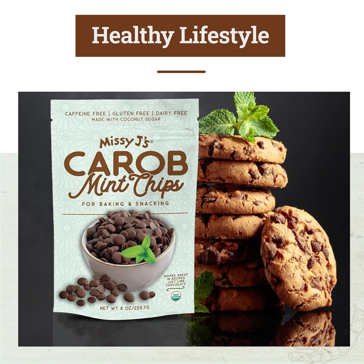 Missy J's Organic Mint Carob Chips 8 oz 6 Pack | Made with Coconut Sugar Vegan, Gluten and Caffeine Free Healthy Substitute for Chocolate, Perfect for Snacks and Treats, Personalized Gift