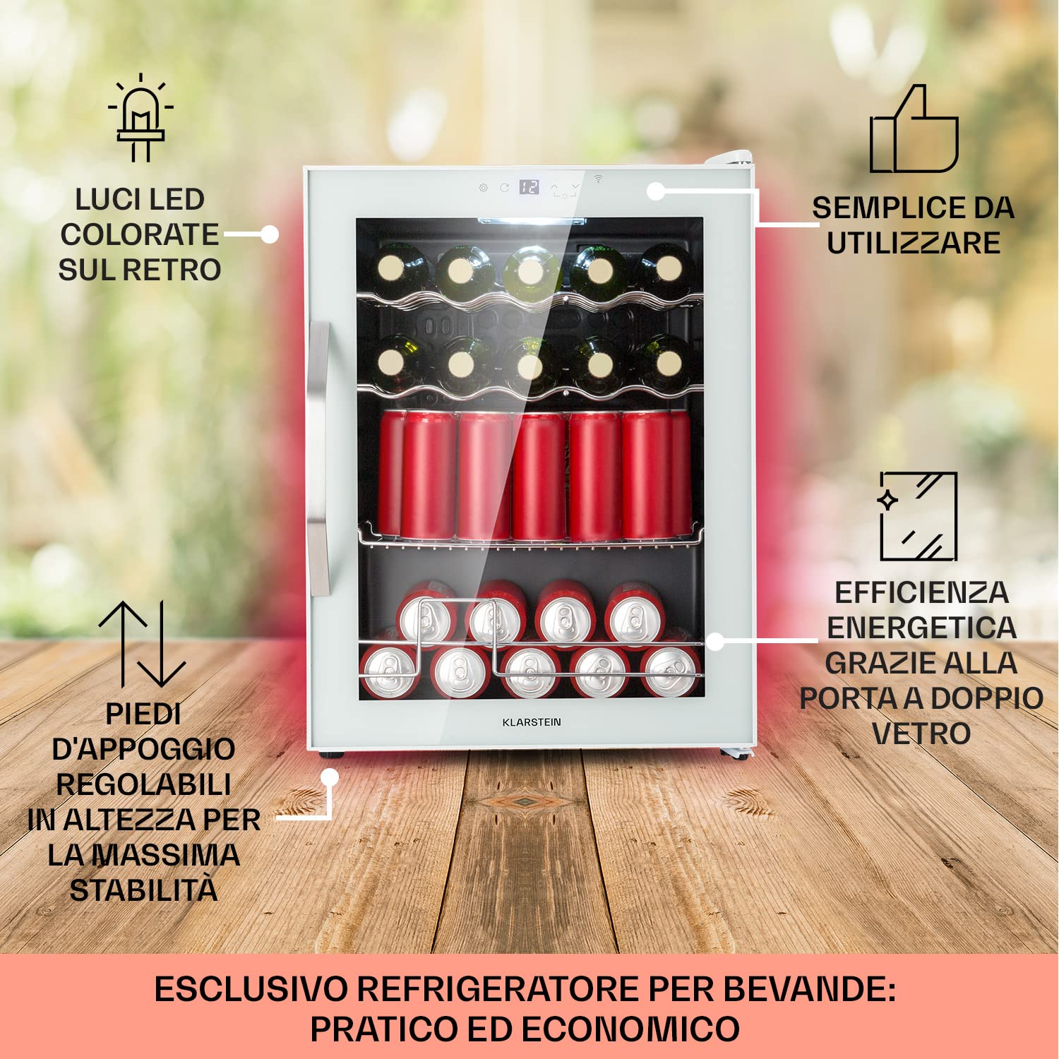 Klarstein Beerlager 56 - Mini Frigorifero Per Bevande 56L, 20 Bottiglie, Sportello In Vetro, Acciaio Inox, Touch, 0-10°C, Nero