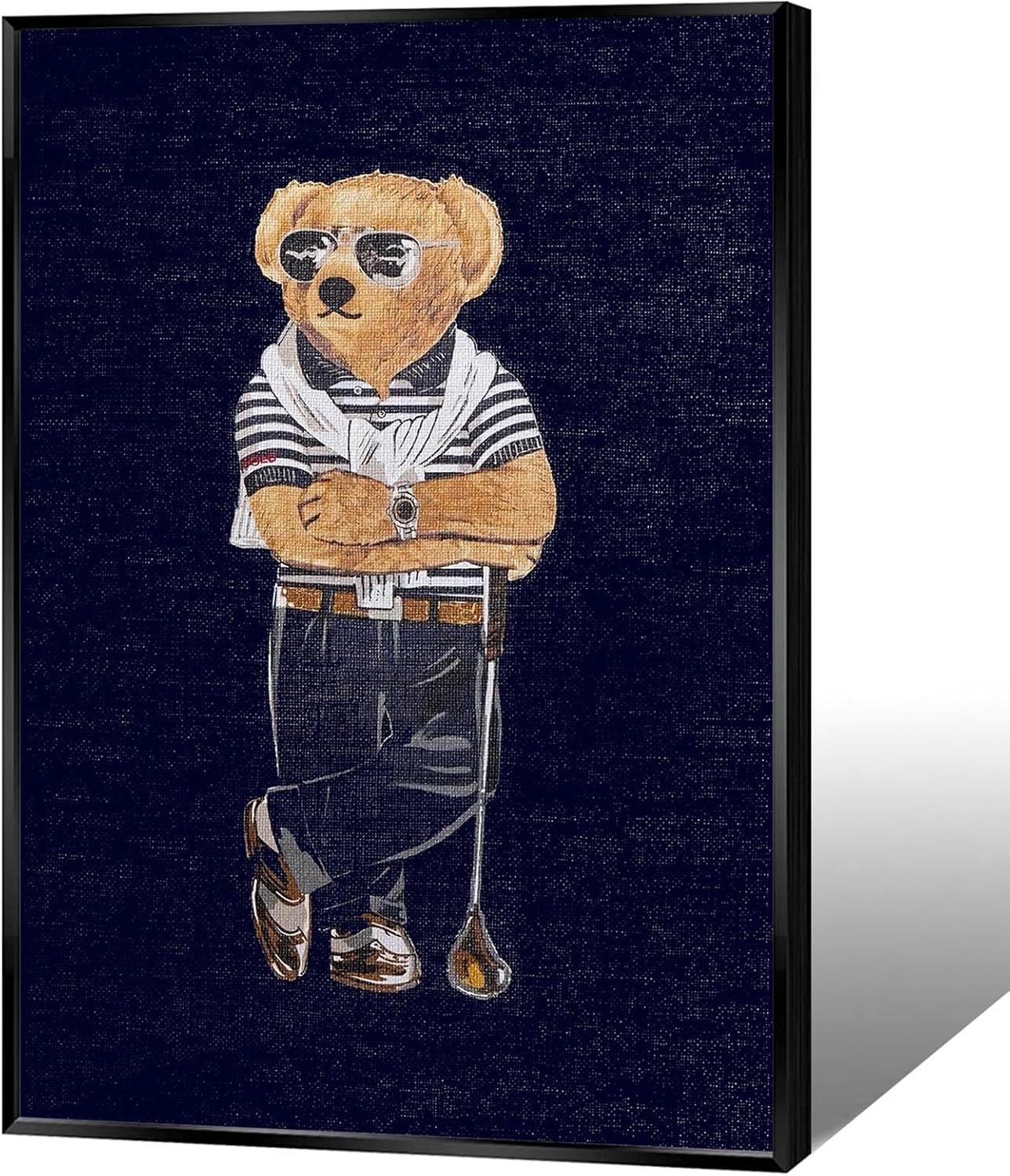 Trendy Golf Bear Canvas Posters Funny Cute Bear Portrait Wall Art Luxury Life Blue Golf Sports Animal Prints Painting For Living Room Bedroom Dorm Wall Decor 12x16in Unframed