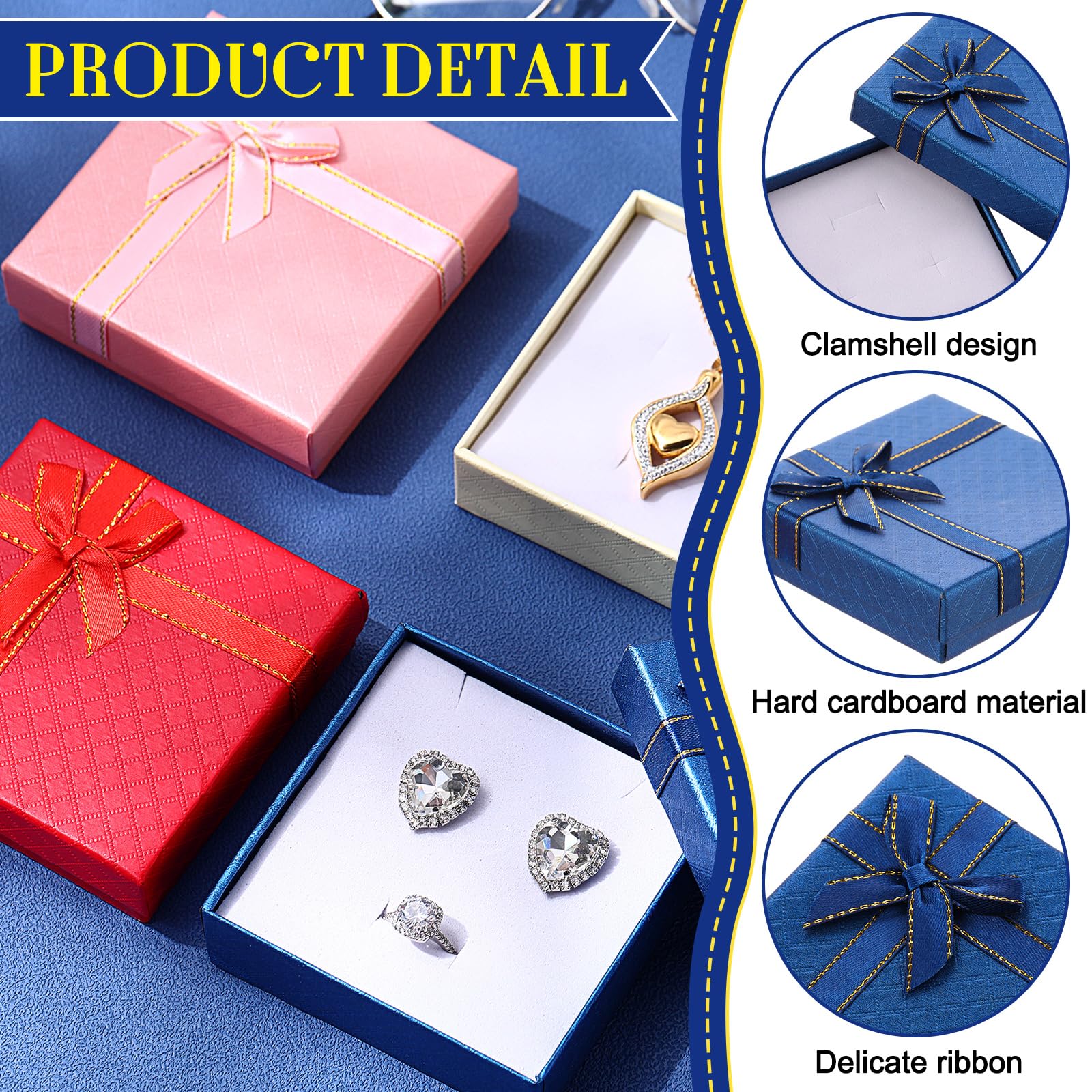 Yeaqee Schmuck-Geschenkboxen aus Karton mit Deckel und Schleifen, kleines Geschenkbox-Set, Halskettenbox für Ringe, Armbänder, Ohrringe, Valentinstag, Hochzeiten, Jubiläen, 4 Farben, 8,9 x 8,9 x 2,5