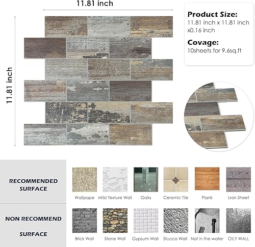 Miniatura 6 de Yipscazo 10 hojas para despegar y pegar para azulejos de cocina, madera rústica para salpicaduras de baño, chimenea, lavandería, azulejos de pared