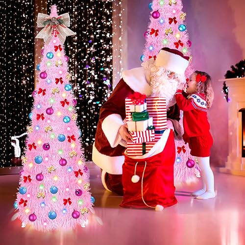 Miniatura 7 de Árbol de Navidad desplegable, árbol de Navidad plegable de 5 pies con 30 luces LED multicolor, árbol de Navidad con bola de lazo, caja de regalo