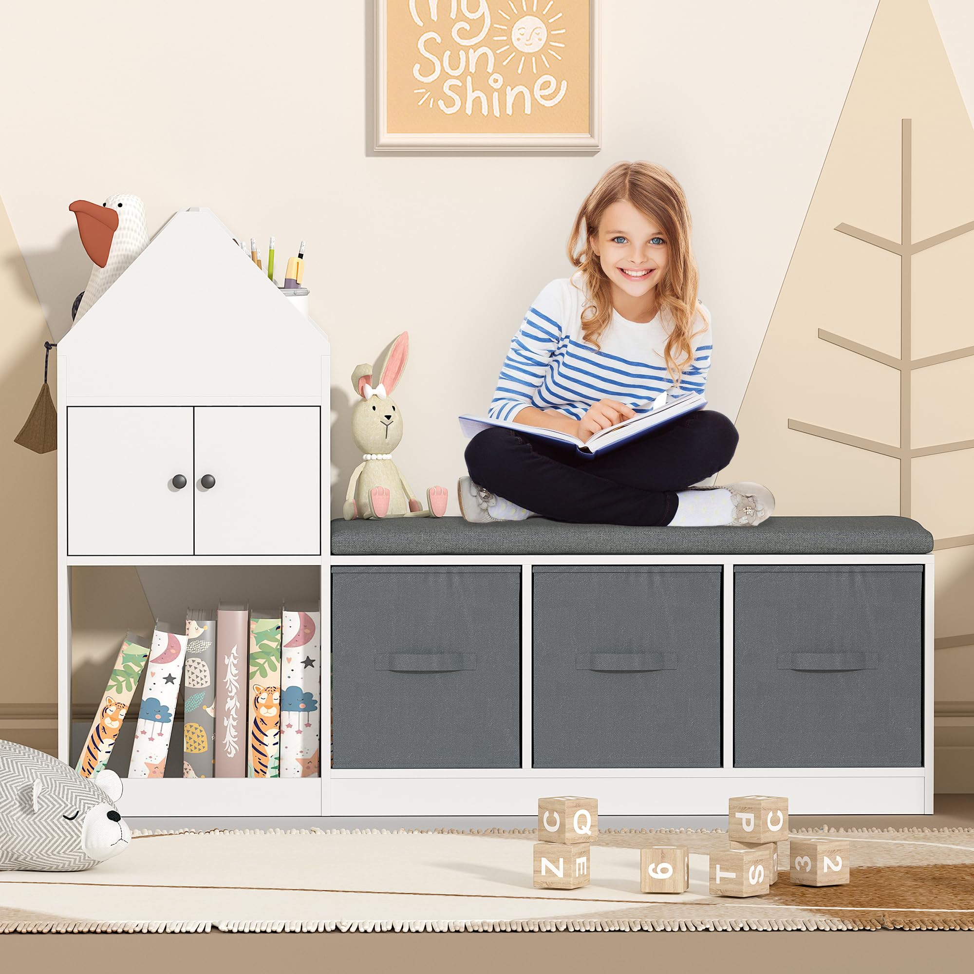 KEEPREAPER Kinderregal mit Kissen, Kinder Sitzbank mit 3 Aufbewahrungsboxen & 3 Fächer, Kinder Bücherregal, Spielzeugregal aus Holz, Aufbewahrungsregal für Kinderzimmer, 116x30x80cm, Weiß und Grau