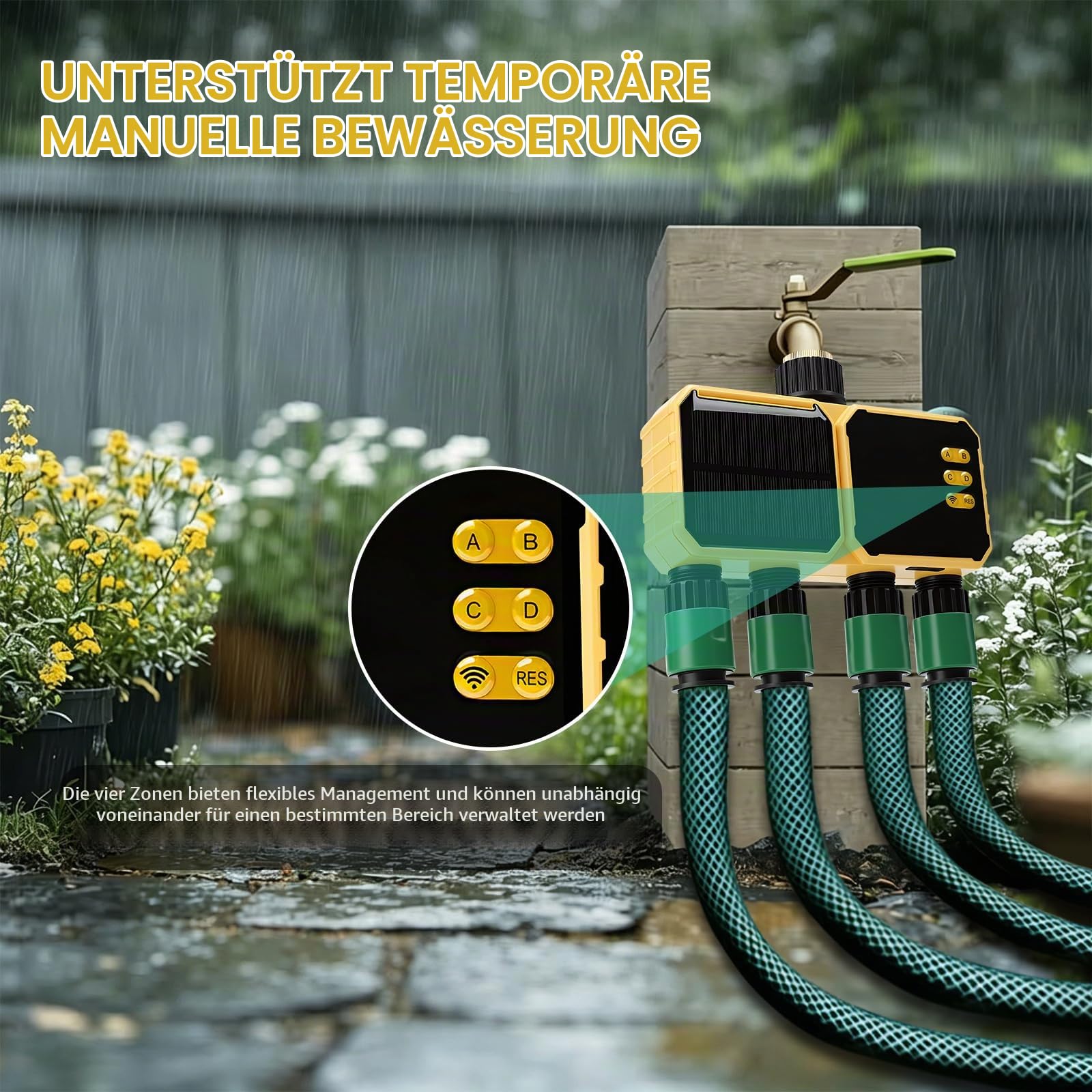 Nikou Bewässerungscomputer WLAN mit 4 Ausgänge, Solaranlagen Bewässerungssystem Zeitschaltuhr Gartenbewässerung, Automatischer und Manueller Modus, mit APP, Regenverzögerung für Balkon Rasen Garten