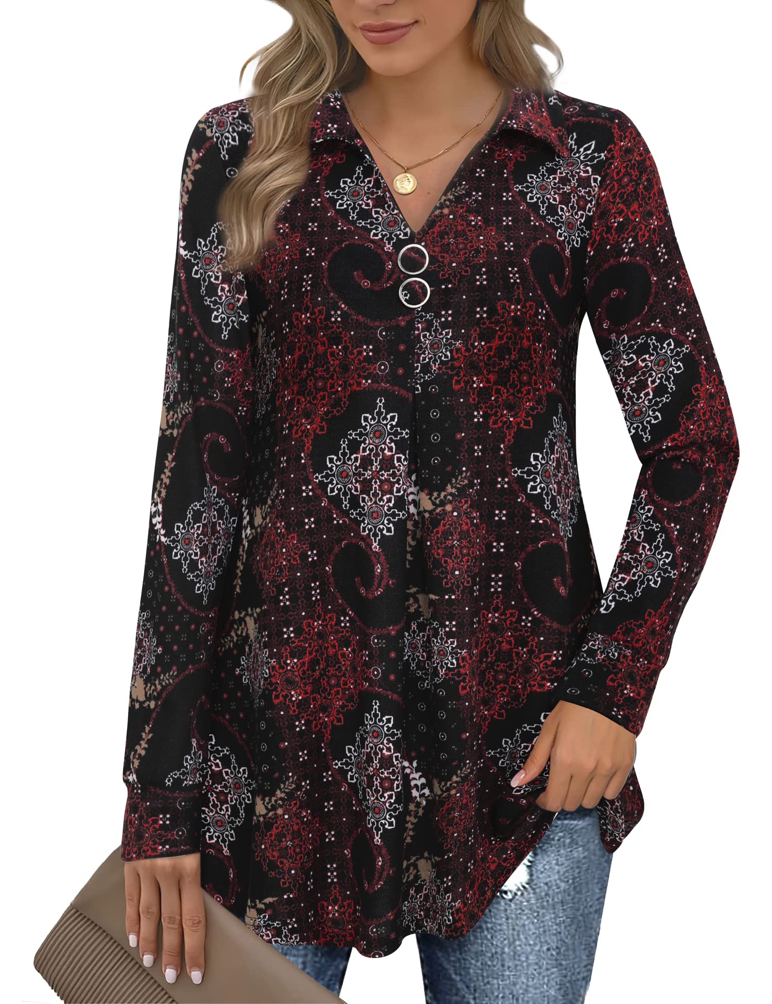 Bebonnie Womens Long Sleeve Casual Lapel V Neck Pullover Tunic Blouse Tops with Buttons