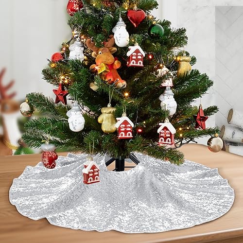 Miniatura 20 de Poise3EHome Falda de árbol de Navidad plateada, tapete de árbol de Navidad de lentejuelas de 50 pulgadas para decoraciones de árbol de Navidad de 9