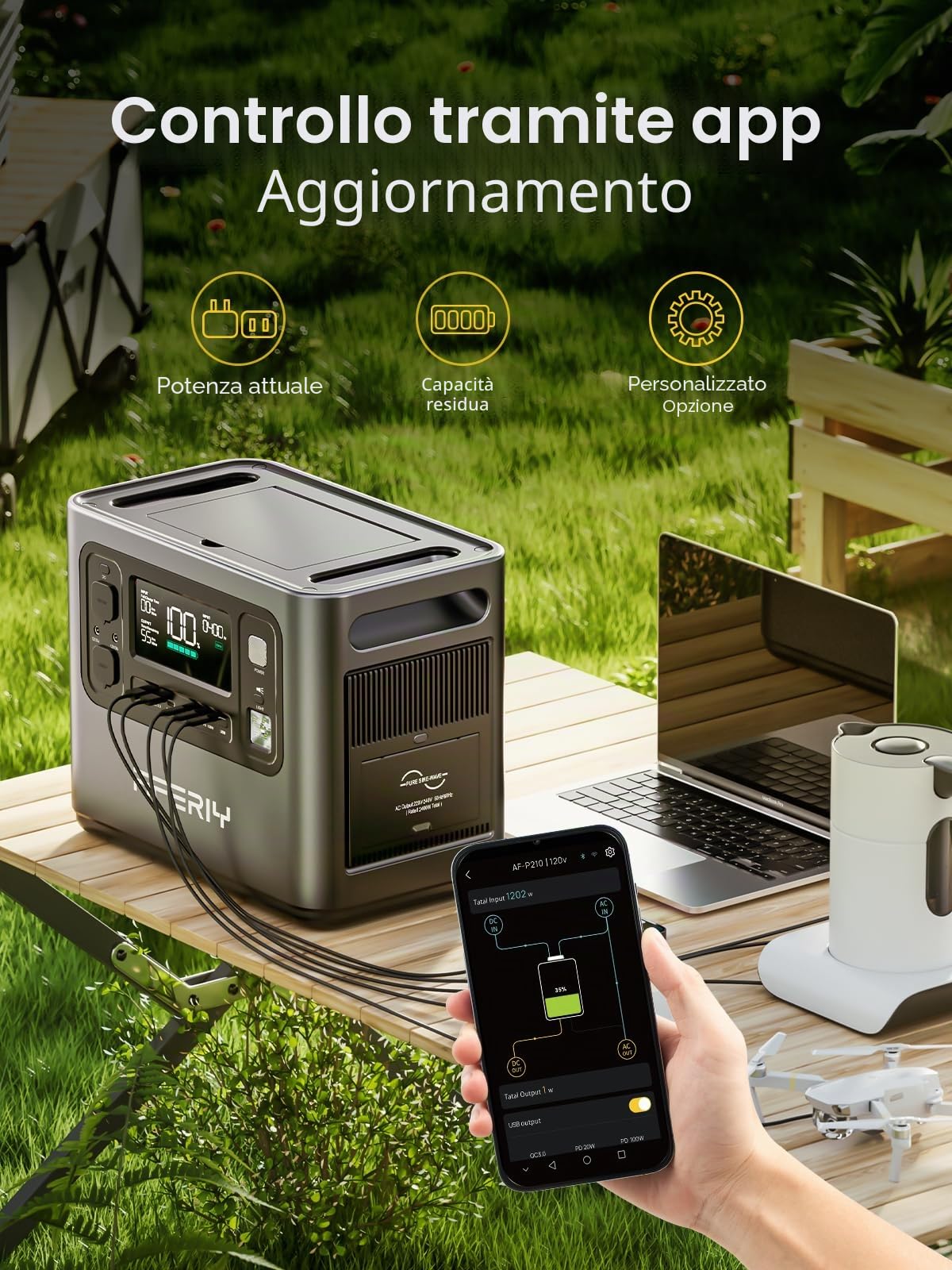 AFERIY P210 Power Station Portatile 2400W Centrale Elettrica Batteria LiFePO4 2048Wh Generatore Solare Ricarica Rapida Stazione di Alimentazione Casa Campeggio Accumulatore Energia UPS Emergenze APP