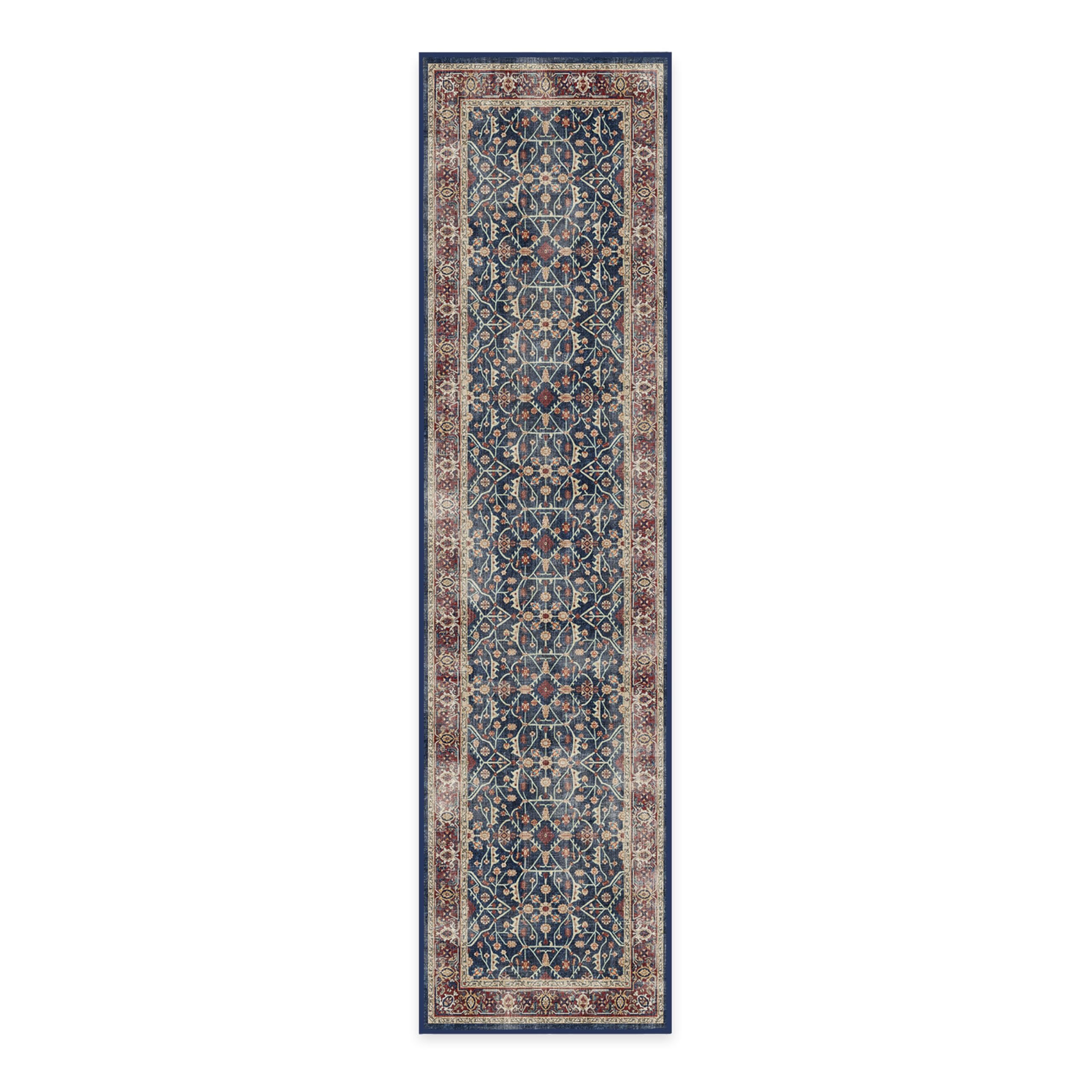 RUGGABLE Washable Vintage Runner Rug – Celestine Sapphire 2.5x10, Stain-Resistant, Non-Slip Hallway Runner with Cushioned Pad – Machine Washable Rug for Hallway, Entryway, Living Room & Kitchen