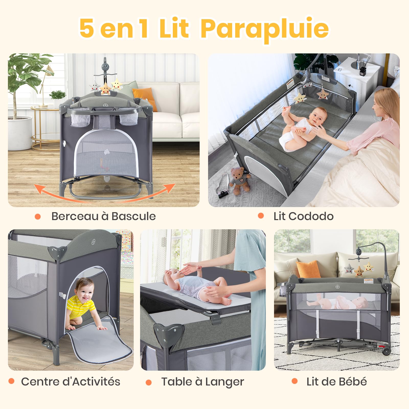 DREAMADE 5 en 1 Lit Parapluie Bébé, 110x76x82CM Lit Cododo avec Matelas,0-9Mois,avec Hauteur Réglable,Bascule 5-10°,Roues avec Freins,Boîte à Musique (Gris)