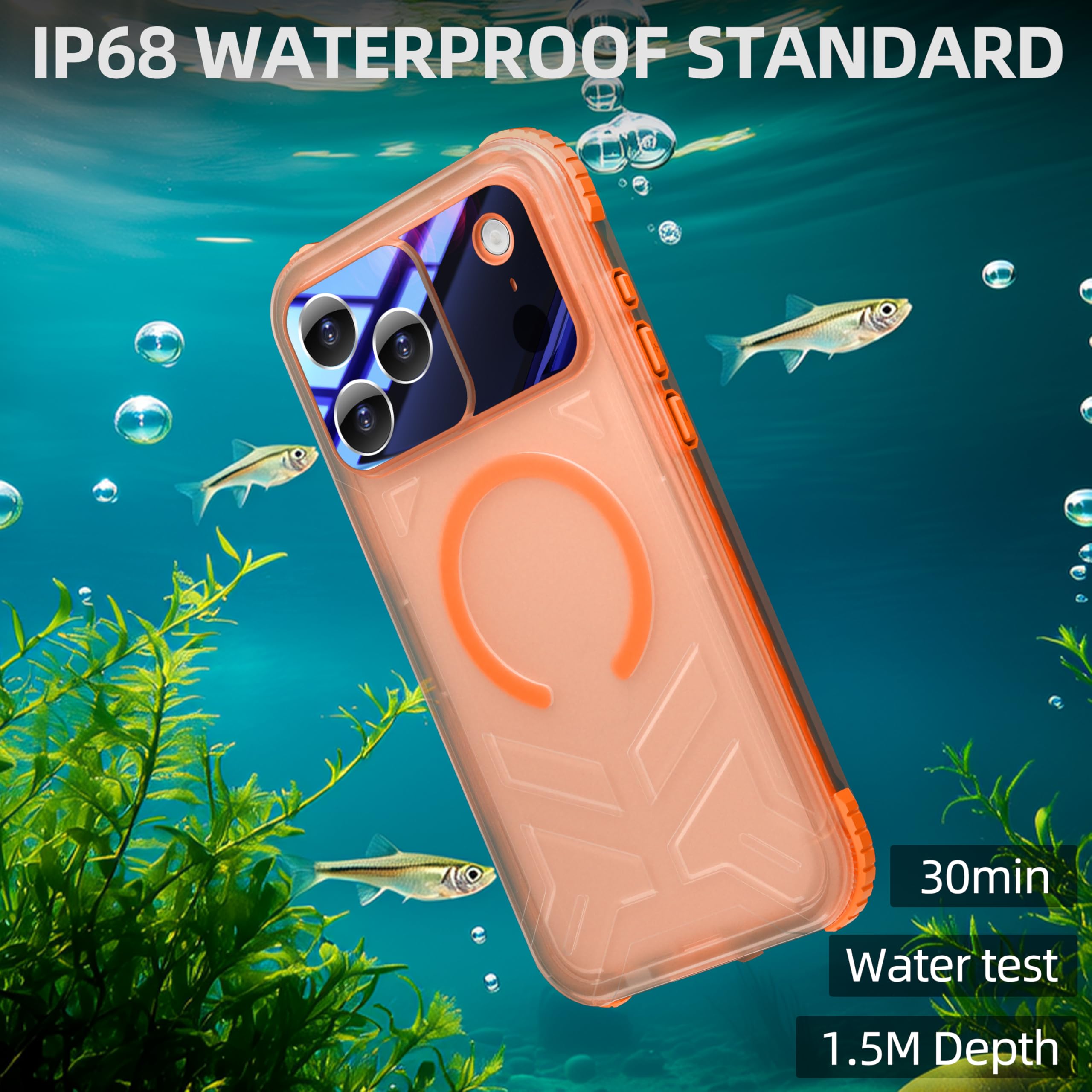 Funda impermeable para iPhone 17 Pro Max, funda protectora de cuerpo completo 360 con protector de cámara de pantalla integrado, filmación subacuática, esnórquel y natación, borde naranja