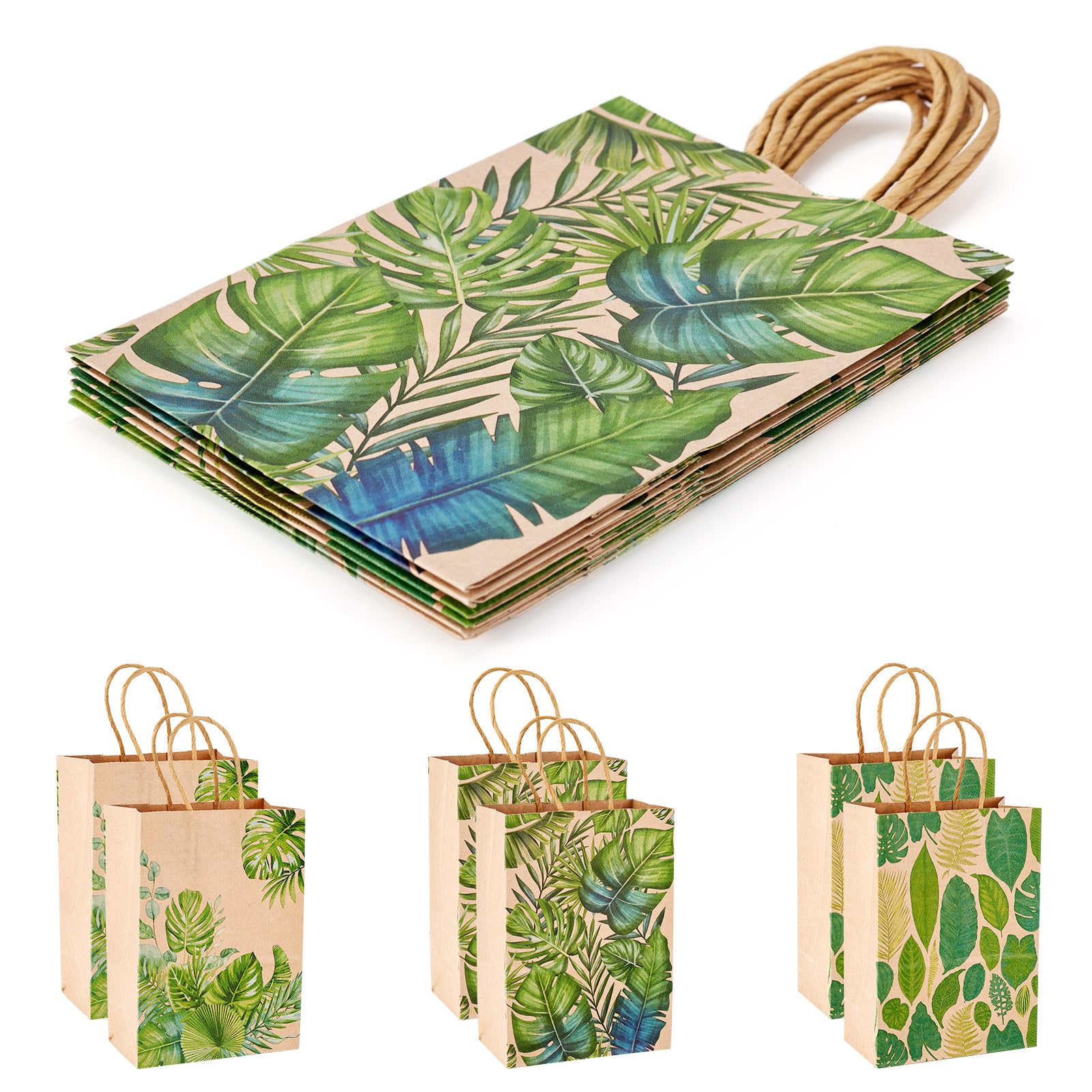 Craftdady 6 Pack Leaf Printed Party Favor Bags with Handles Greenery Watercolor Leaves Candy Goodie Treat Rectangle Paper Bags Present Wrapping Bags